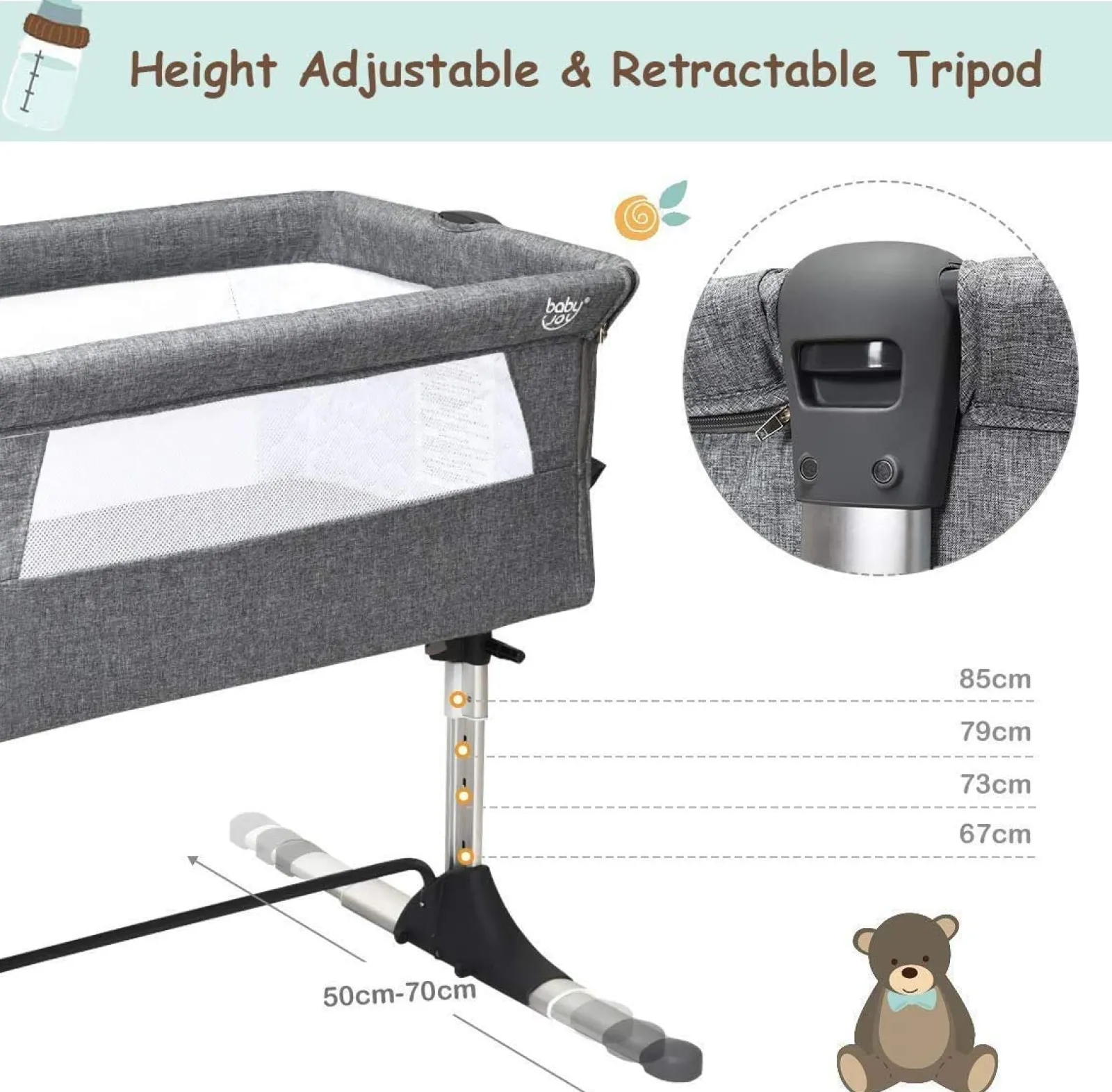 Little Helper Travel Cots & Travel Beds | Travel Cots | Adjustable Height | Next-to-Me Baby Crib | Travel Cot with Mattress | Warm Grey