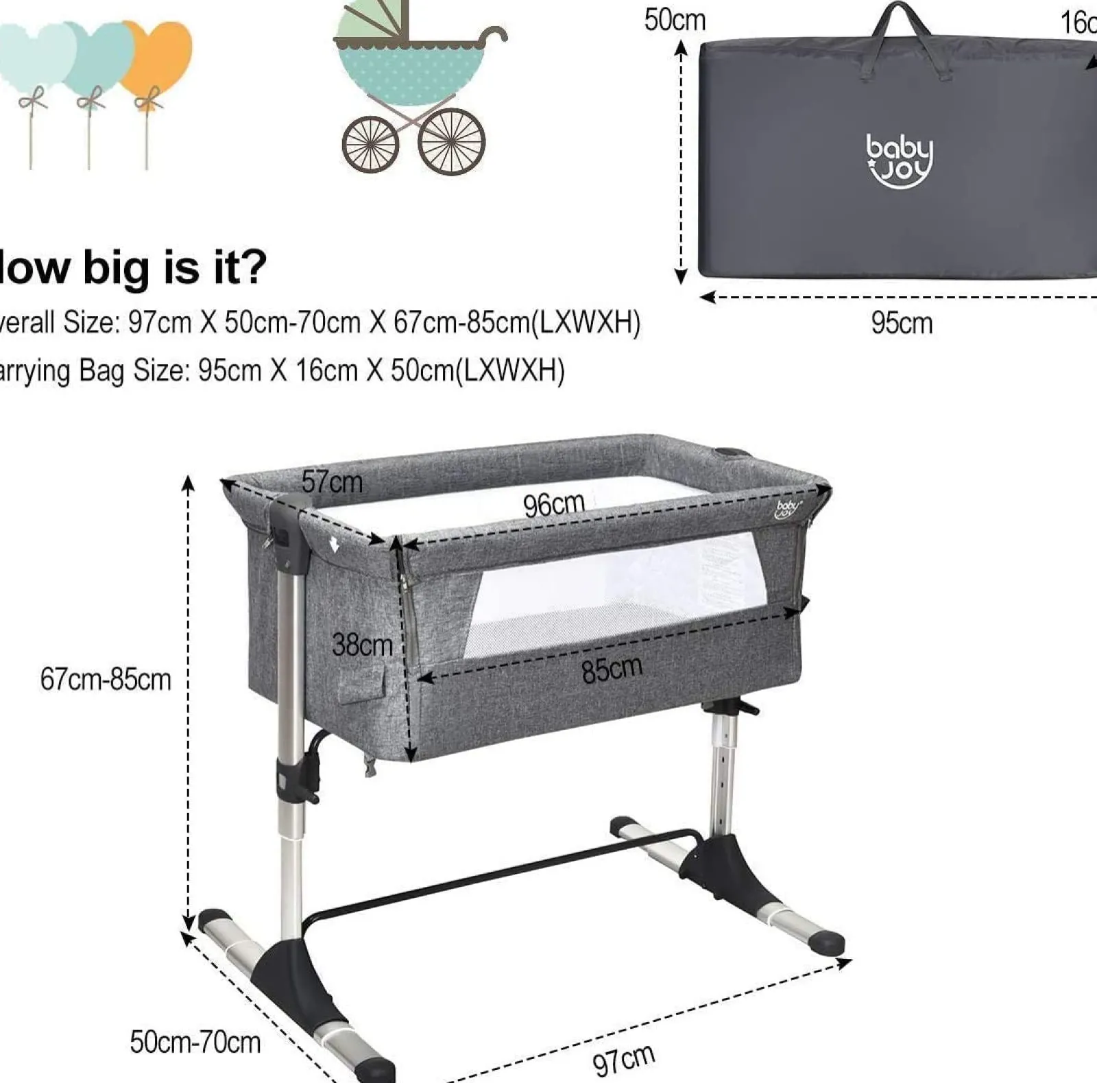 Little Helper Travel Cots & Travel Beds | Travel Cots | Adjustable Height | Next-to-Me Baby Crib | Travel Cot with Mattress | Warm Grey