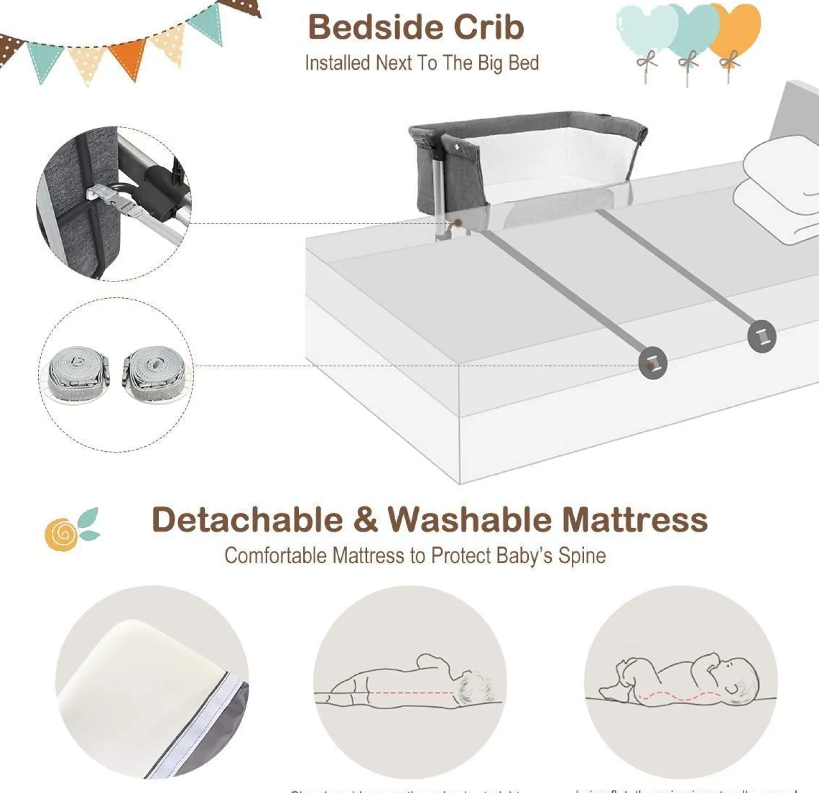 Little Helper Travel Cots & Travel Beds | Travel Cots | Adjustable Height | Next-to-Me Baby Crib | Travel Cot with Mattress | Warm Grey