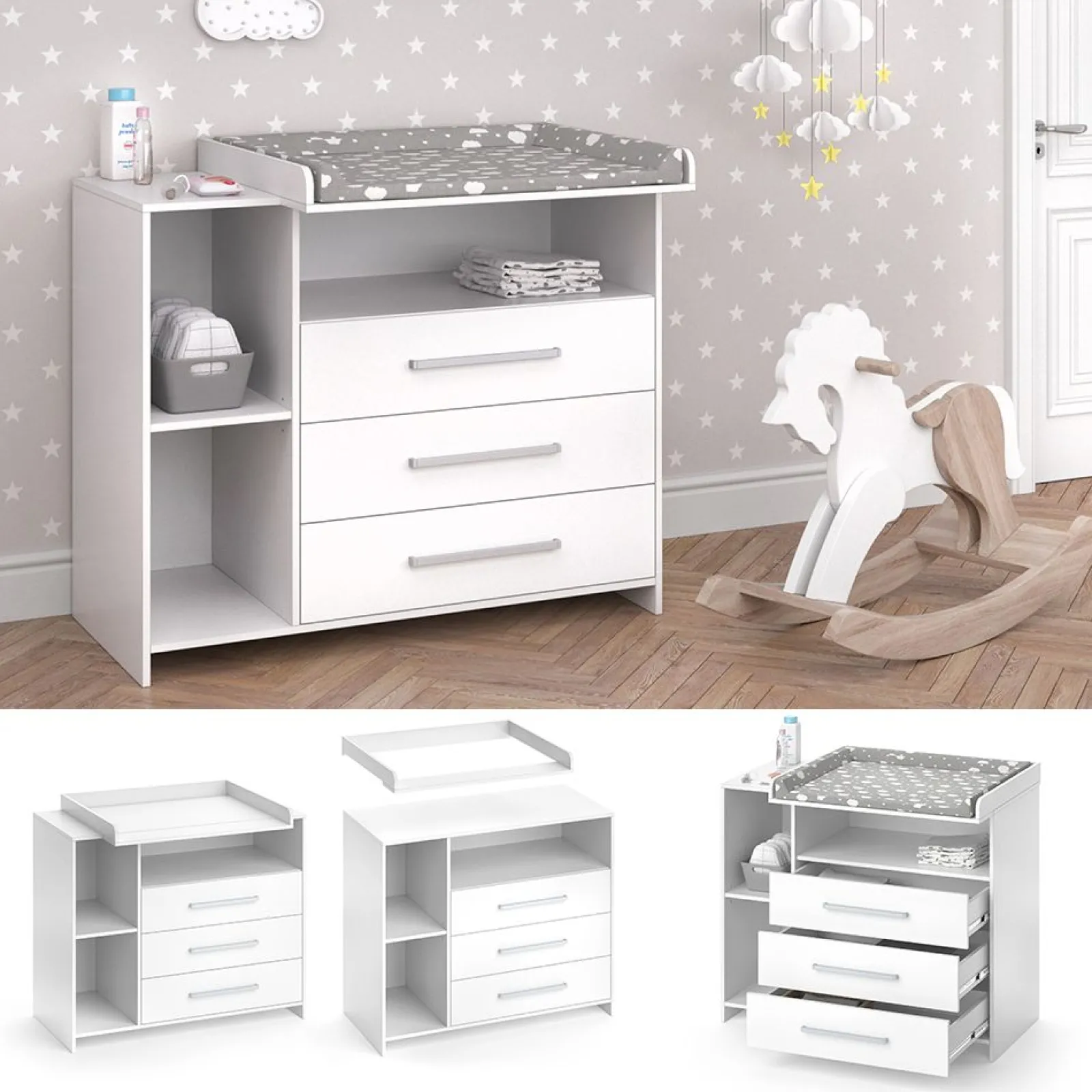 Little Helper Changing Units & Changing Tables & Dressers | Baby Changing Unit | Storage & 3 Drawers | High Quality Modern Design | 113 x 100 x 53cm | White