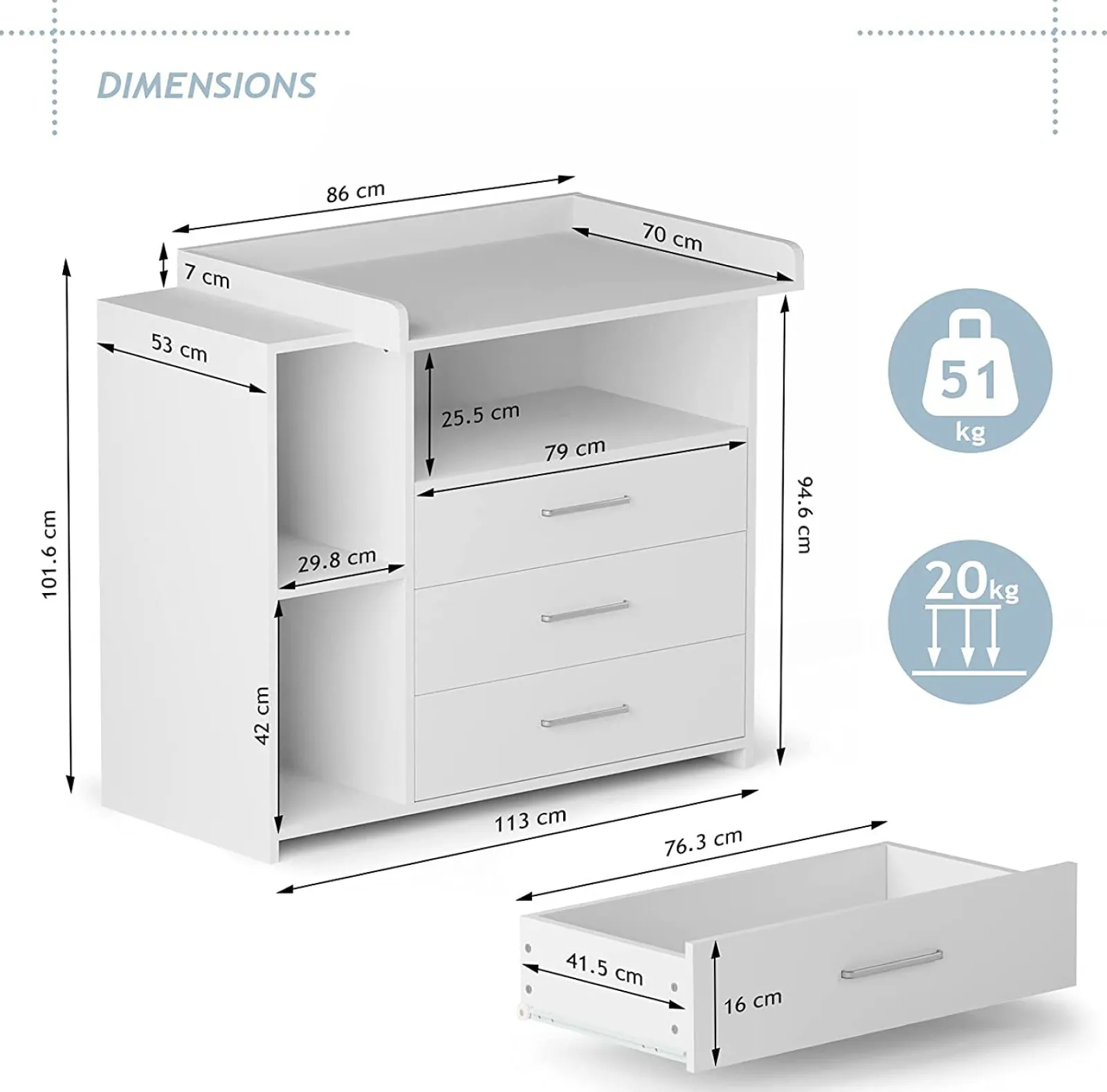Little Helper Changing Units & Changing Tables & Dressers | Baby Changing Unit | Storage & 3 Drawers | High Quality Modern Design | 113 x 100 x 53cm | White