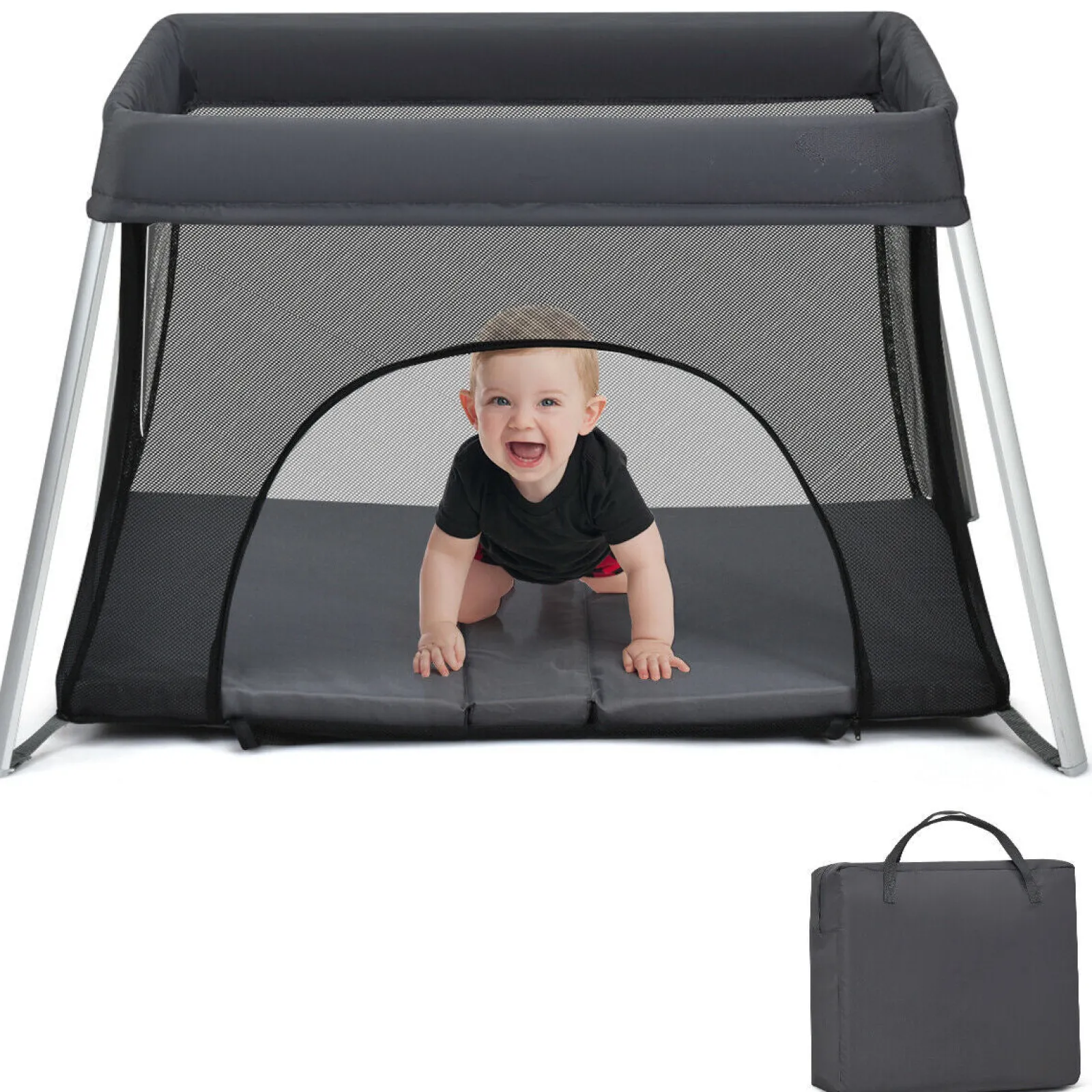 Little Helper Baby Playpens | Travel Cots & Travel Beds | Breathable 2-in-1 Travel Cot Playpen with Spine Supporting Mattress & Carry Bag | Portable Crib | Black