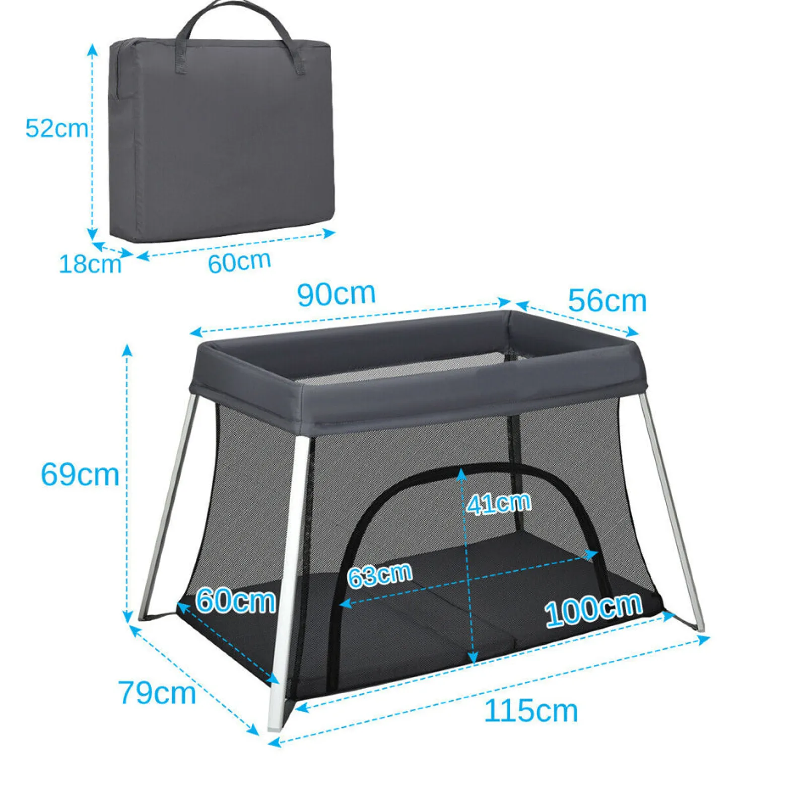 Little Helper Baby Playpens | Travel Cots & Travel Beds | Breathable 2-in-1 Travel Cot Playpen with Spine Supporting Mattress & Carry Bag | Portable Crib | Black