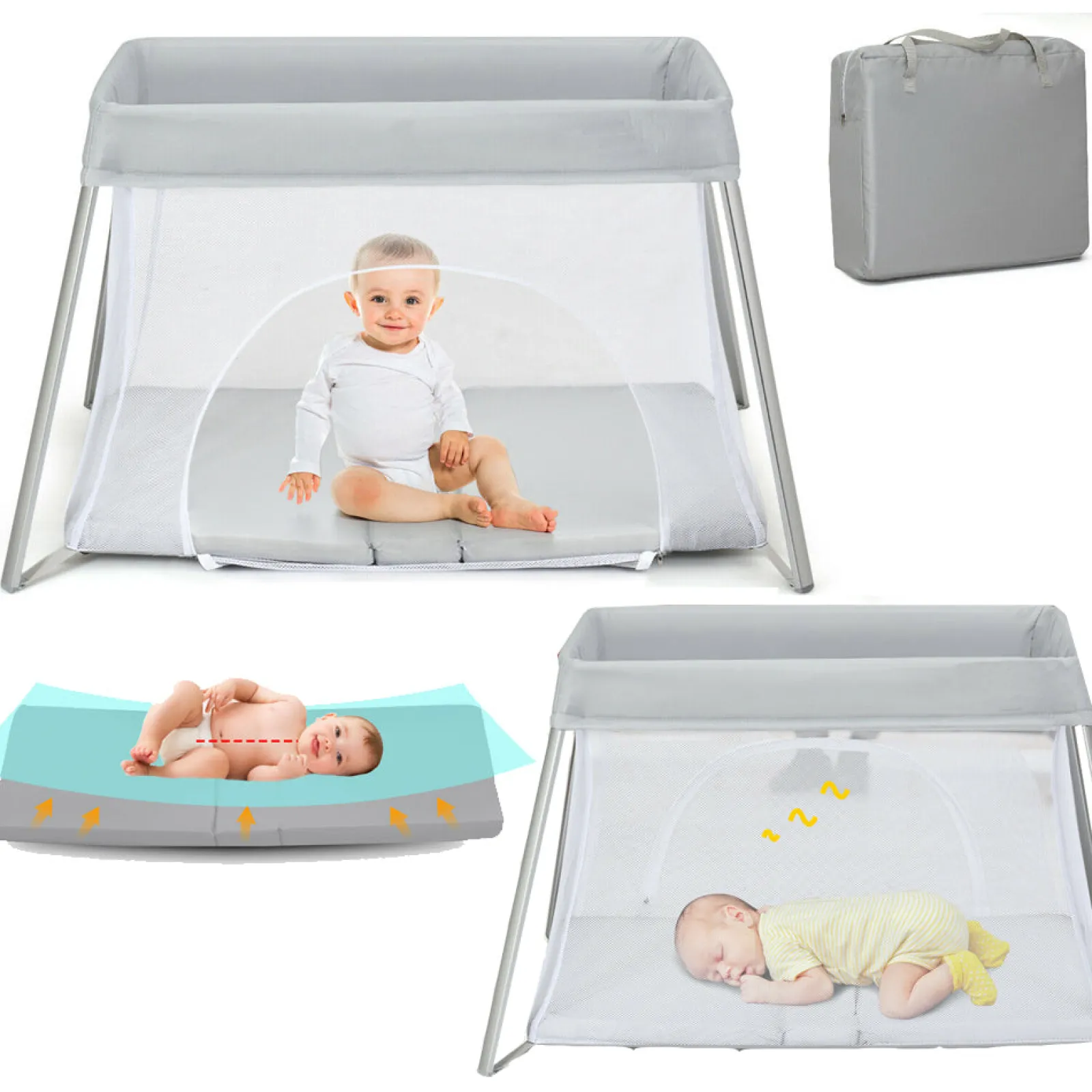 Little Helper Baby Playpens | Travel Cots & Travel Beds | Breathable 2-in-1 Travel Cot Playpen with Spine Supporting Mattress & Carry Bag | Portable Crib | Grey