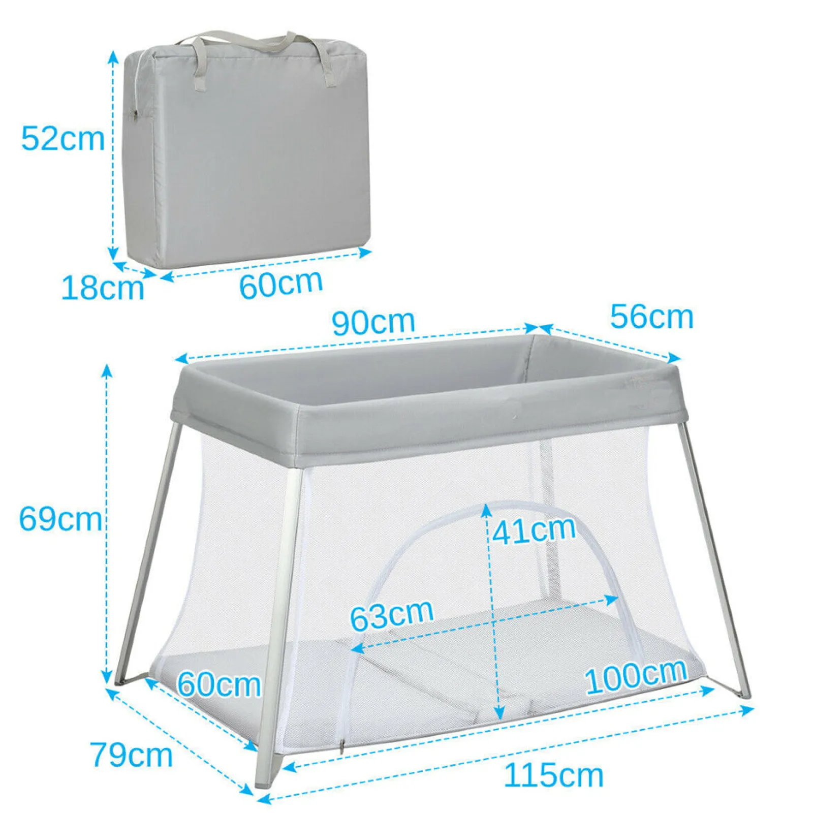 Little Helper Baby Playpens | Travel Cots & Travel Beds | Breathable 2-in-1 Travel Cot Playpen with Spine Supporting Mattress & Carry Bag | Portable Crib | Grey