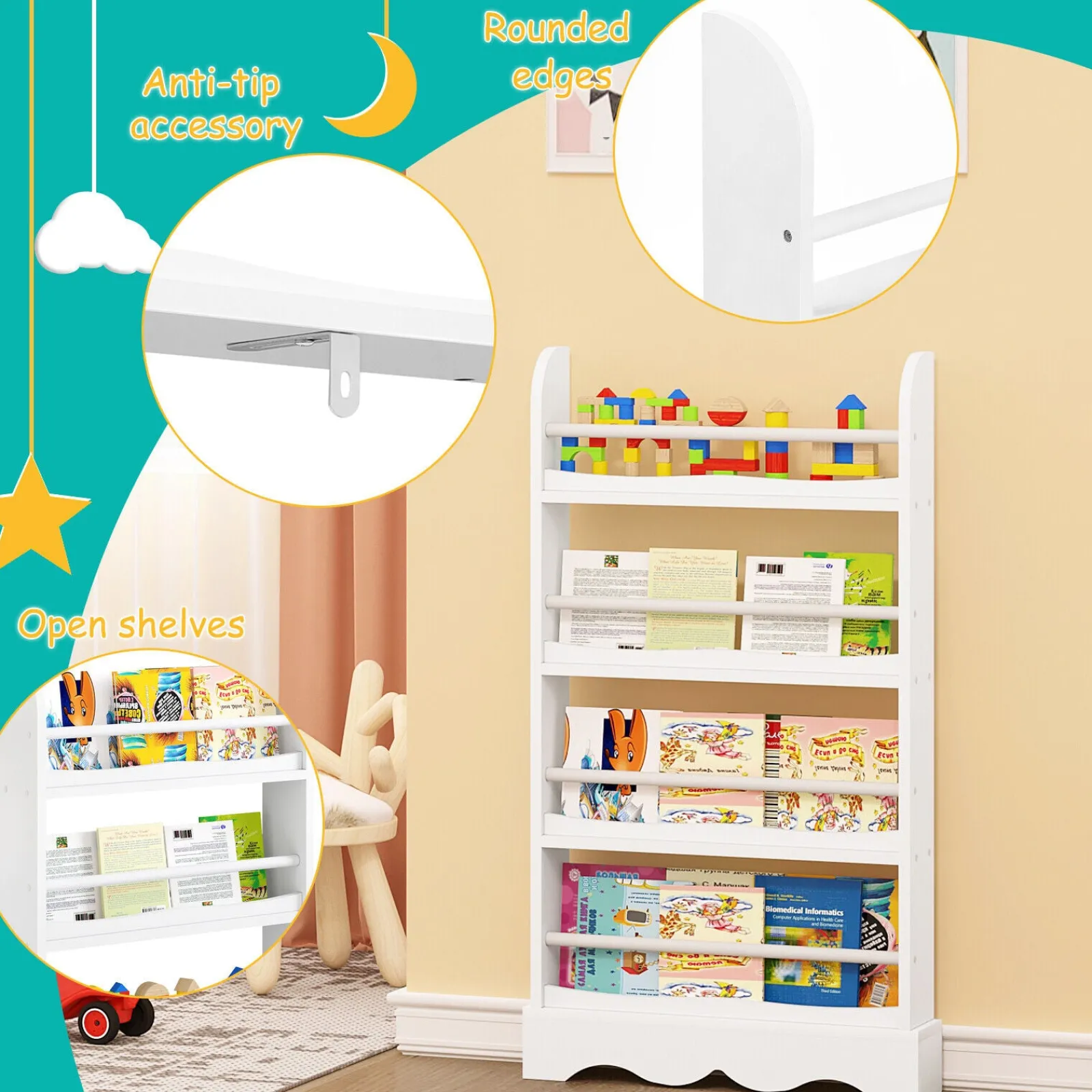 Little Helper Bookcases & Kids Bookshelves | Kids Bookcases & Kids Bookshelves | Childrens | Kids 4 Tier Wall Mounted Wooden Bookcase | White | 1.18m High