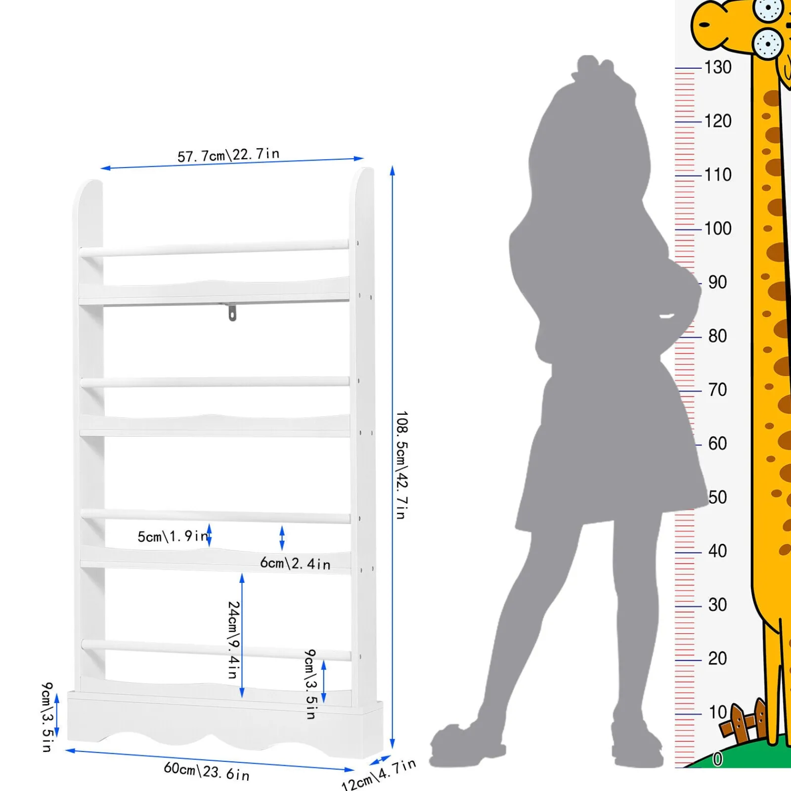 Little Helper Bookcases & Kids Bookshelves | Kids Bookcases & Kids Bookshelves | Childrens | Kids 4 Tier Wall Mounted Wooden Bookcase | White | 1.18m High
