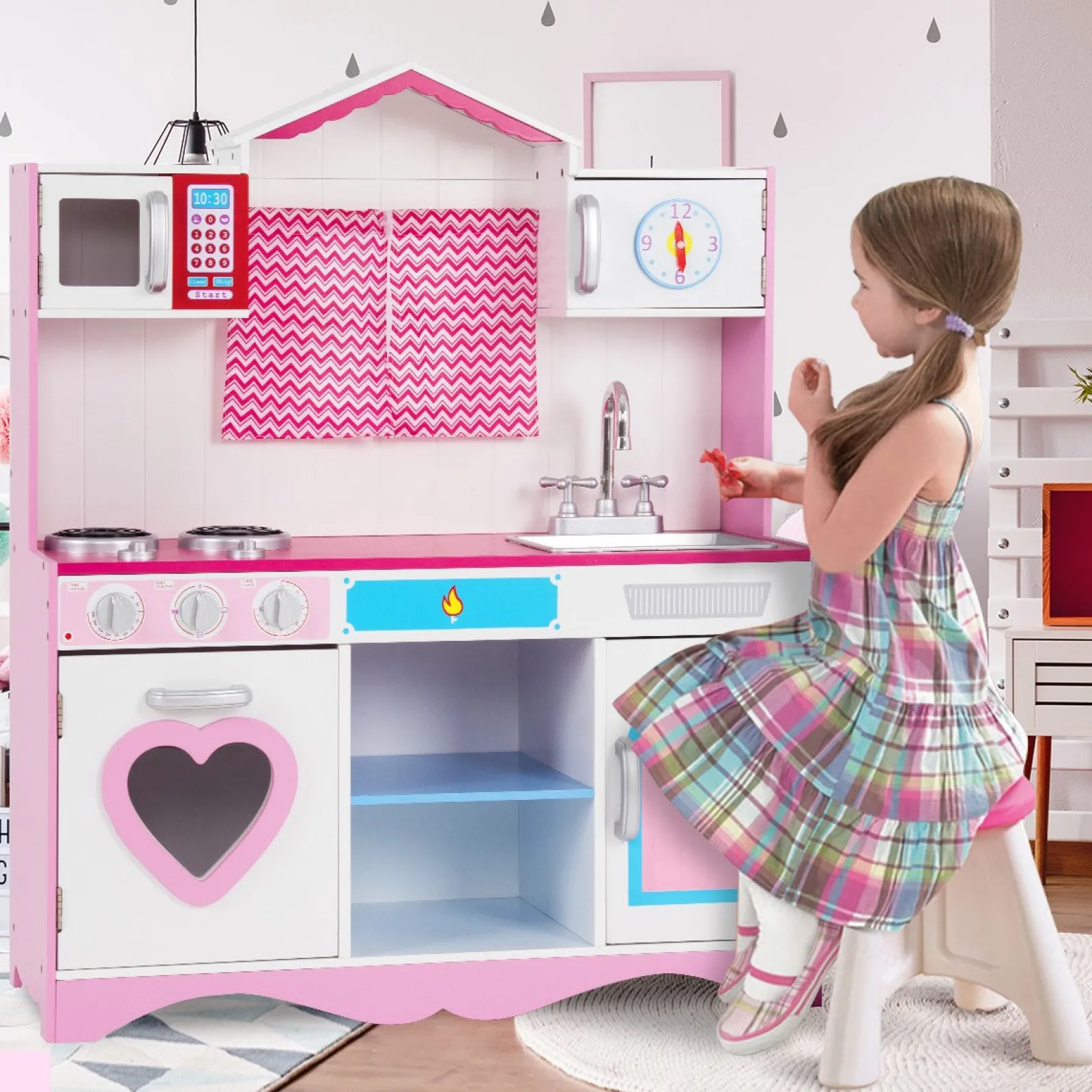 Little Helper Wooden Toys & Educational Toys | Toy Kitchens | Children's | Kids Large Wooden Toy Kitchen including Playset | Pink | 3-8 Years