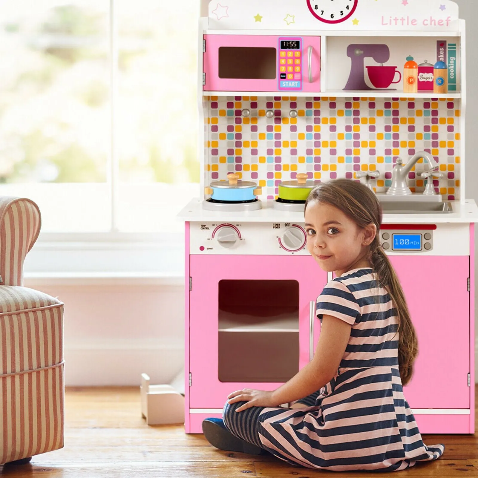 Little Helper Wooden Toys & Educational Toys | Toy Kitchens | Children's | Kids Wooden Toy Kitchen including Playset | Pink & White | 3-7 Years