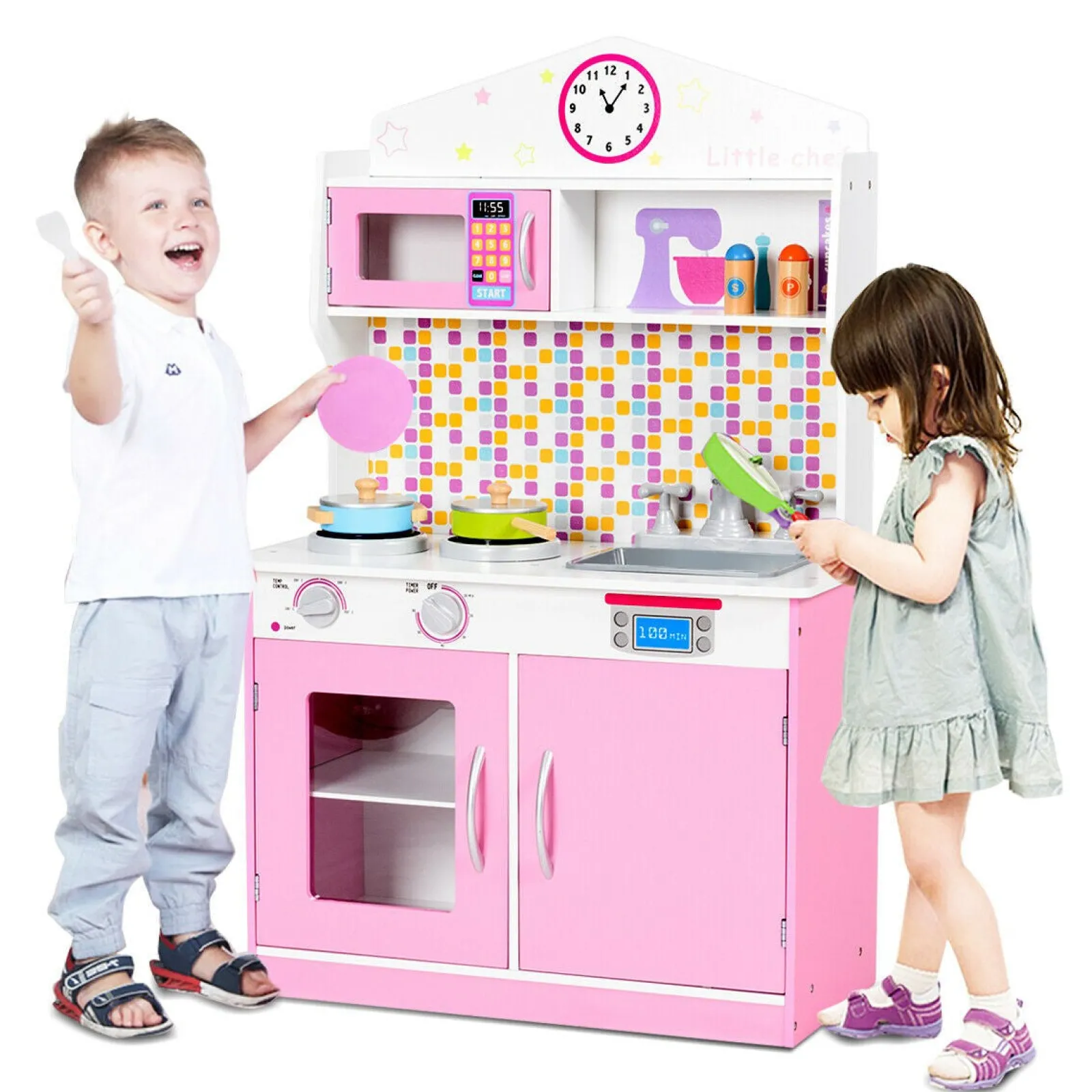Little Helper Wooden Toys & Educational Toys | Toy Kitchens | Children's | Kids Wooden Toy Kitchen including Playset | Pink & White | 3-7 Years