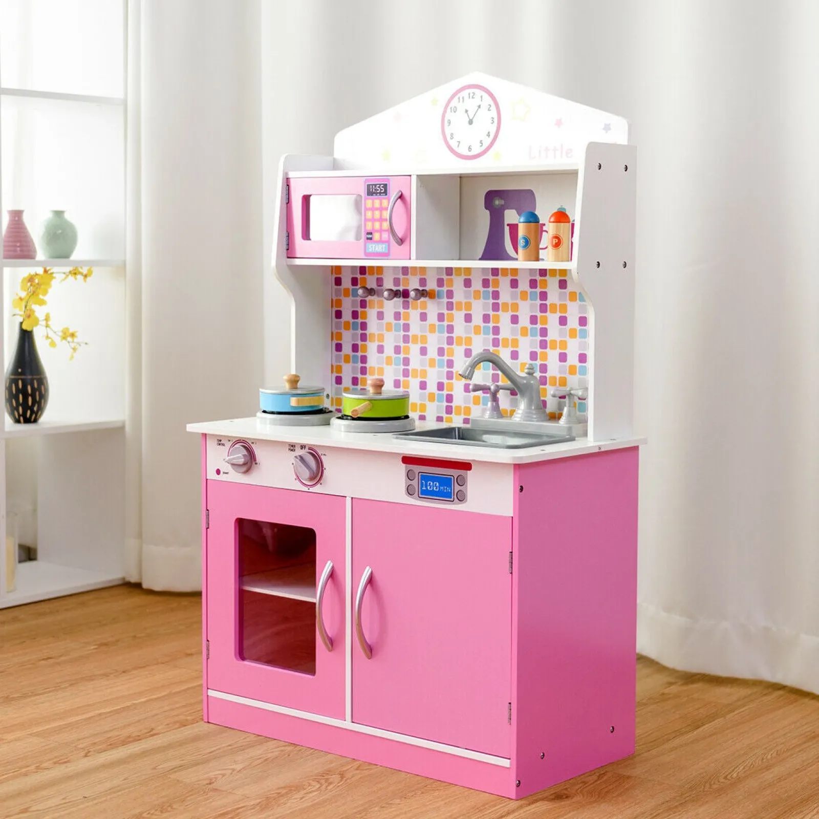 Little Helper Wooden Toys & Educational Toys | Toy Kitchens | Children's | Kids Wooden Toy Kitchen including Playset | Pink & White | 3-7 Years