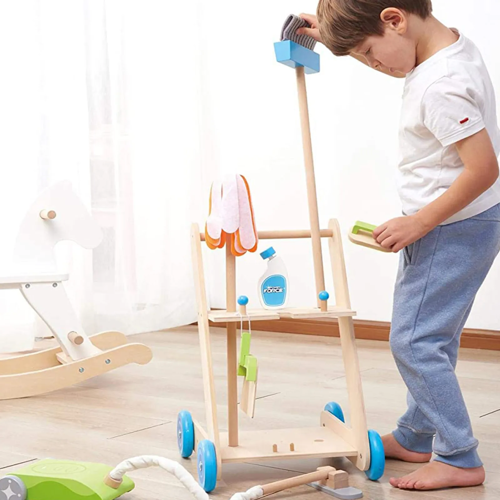 Little Helper Wooden Toys & Educational Toys | Childrens | Montessori 11 Piece Wooden Kids Cleaning Trolley | Kids Cleaning Set | 3 Years+