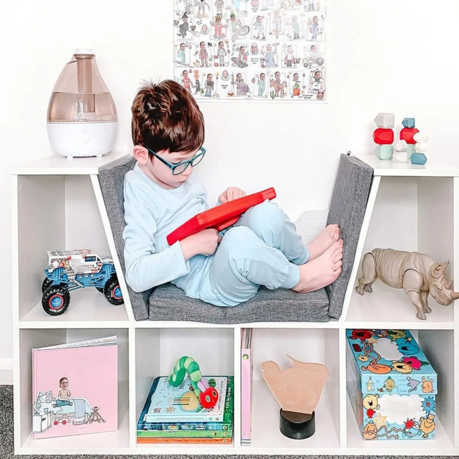 Little Helper Toy Storage Units | Toy Storage Units | Childrens Bookcase | Toy Storage Unit | Kids Reading Seat | Grey with Grey Padded Seat