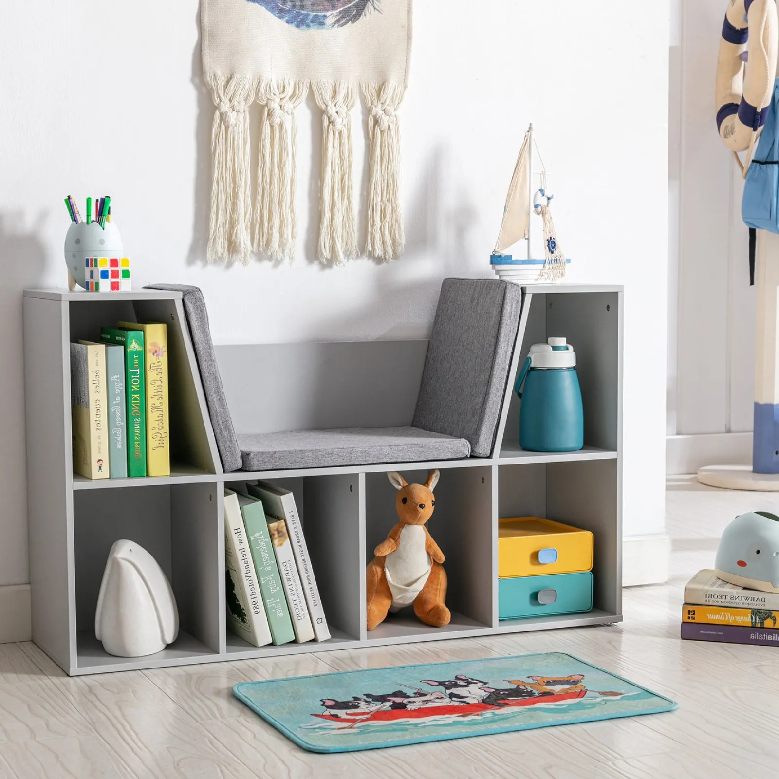 Little Helper Toy Storage Units | Toy Storage Units | Childrens Bookcase | Toy Storage Unit | Kids Reading Seat | Grey with Grey Padded Seat