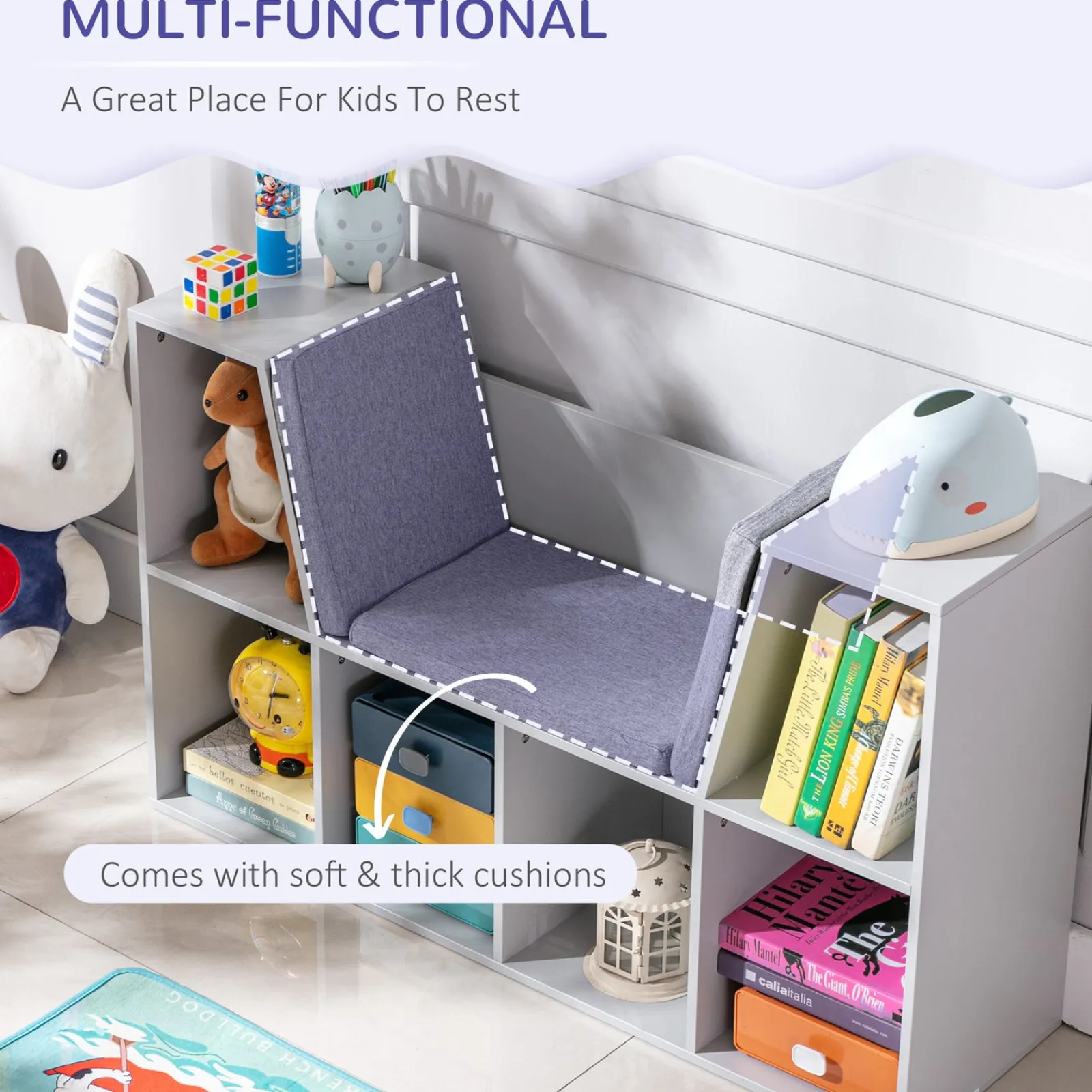 Little Helper Toy Storage Units | Toy Storage Units | Childrens Bookcase | Toy Storage Unit | Kids Reading Seat | Grey with Grey Padded Seat