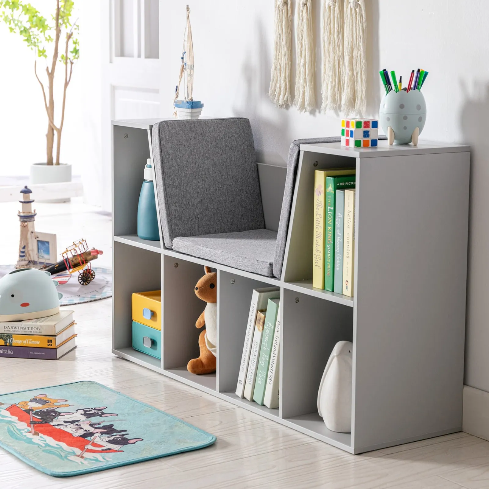 Little Helper Toy Storage Units | Toy Storage Units | Childrens Bookcase | Toy Storage Unit | Kids Reading Seat | Grey with Grey Padded Seat