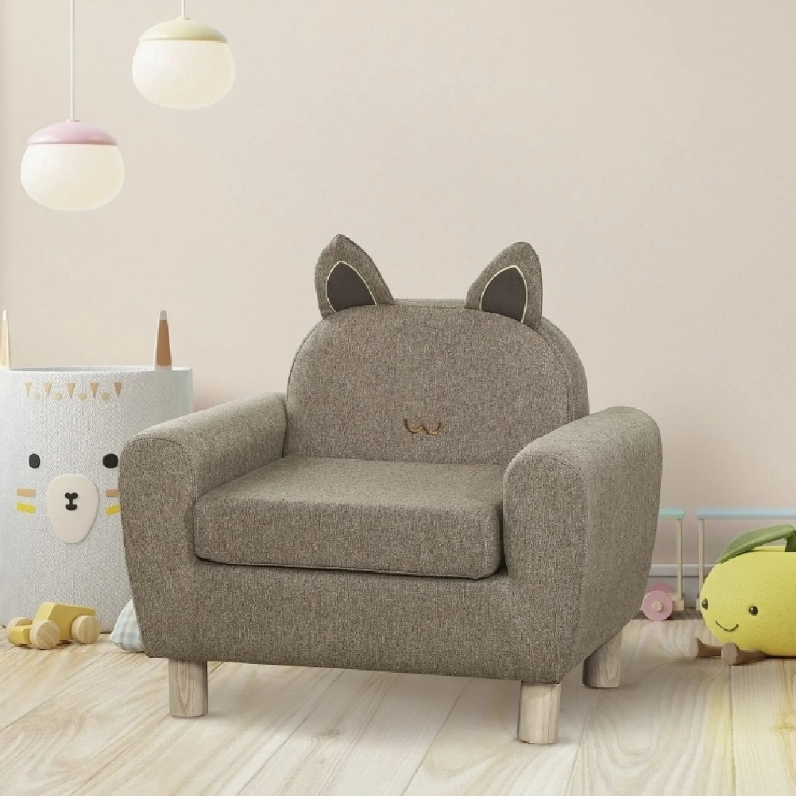 Little Helper Chairs & Stools | Children’s Cat Design Deluxe Single Armchair | Linen-Look | Biscuit Beige | 3-8 Years