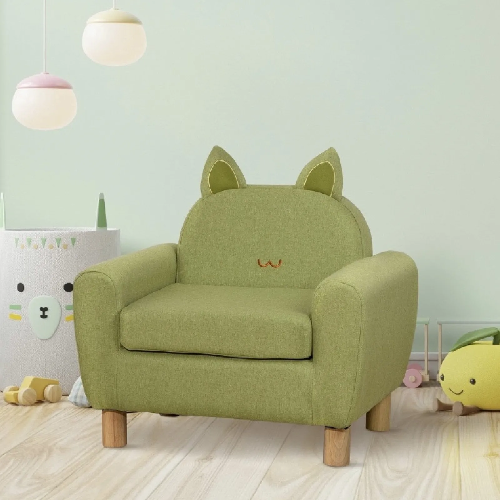 Little Helper Chairs & Stools | Children’s Cat Design Deluxe Single Armchair | Linen-Look | Pistachio Green | 3-8 Years