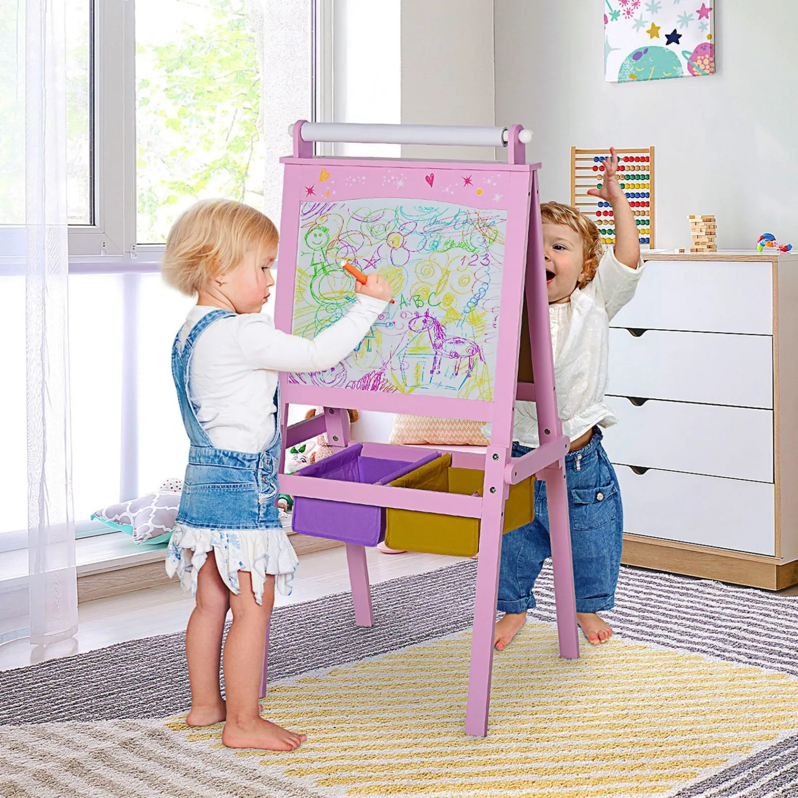 Little Helper Kids Arts & Crafts & Accessories | Easels & Accessories | Childrens Deluxe Wooden Double Sided Easel | Blackboard | Paper Roll | Pink | 3 Years+