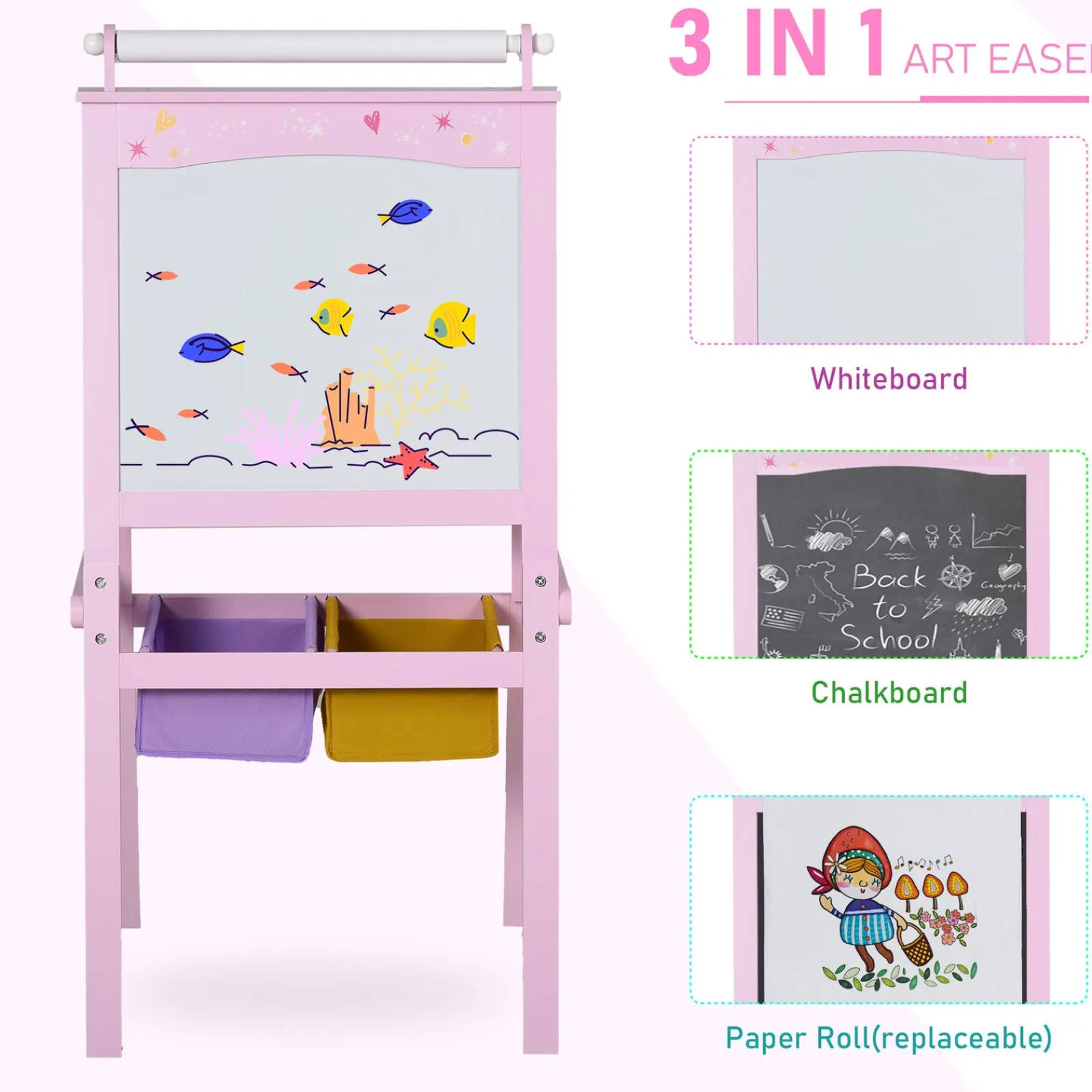 Little Helper Kids Arts & Crafts & Accessories | Easels & Accessories | Childrens Deluxe Wooden Double Sided Easel | Blackboard | Paper Roll | Pink | 3 Years+