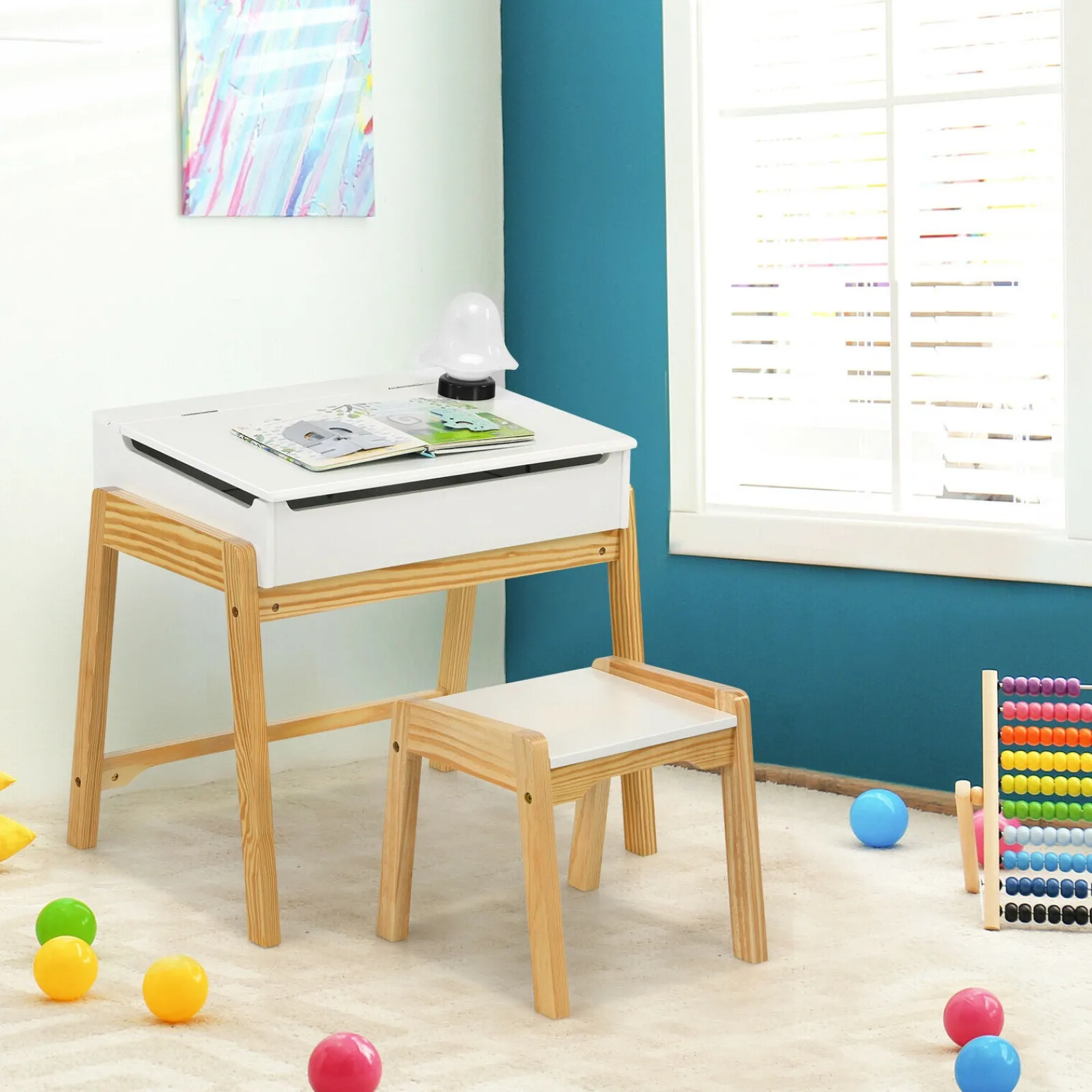Little Helper Table & Chairs (wooden) | Childrens Desk and Chair Set | Homework Desk | White & Natural Finish | 3 years+