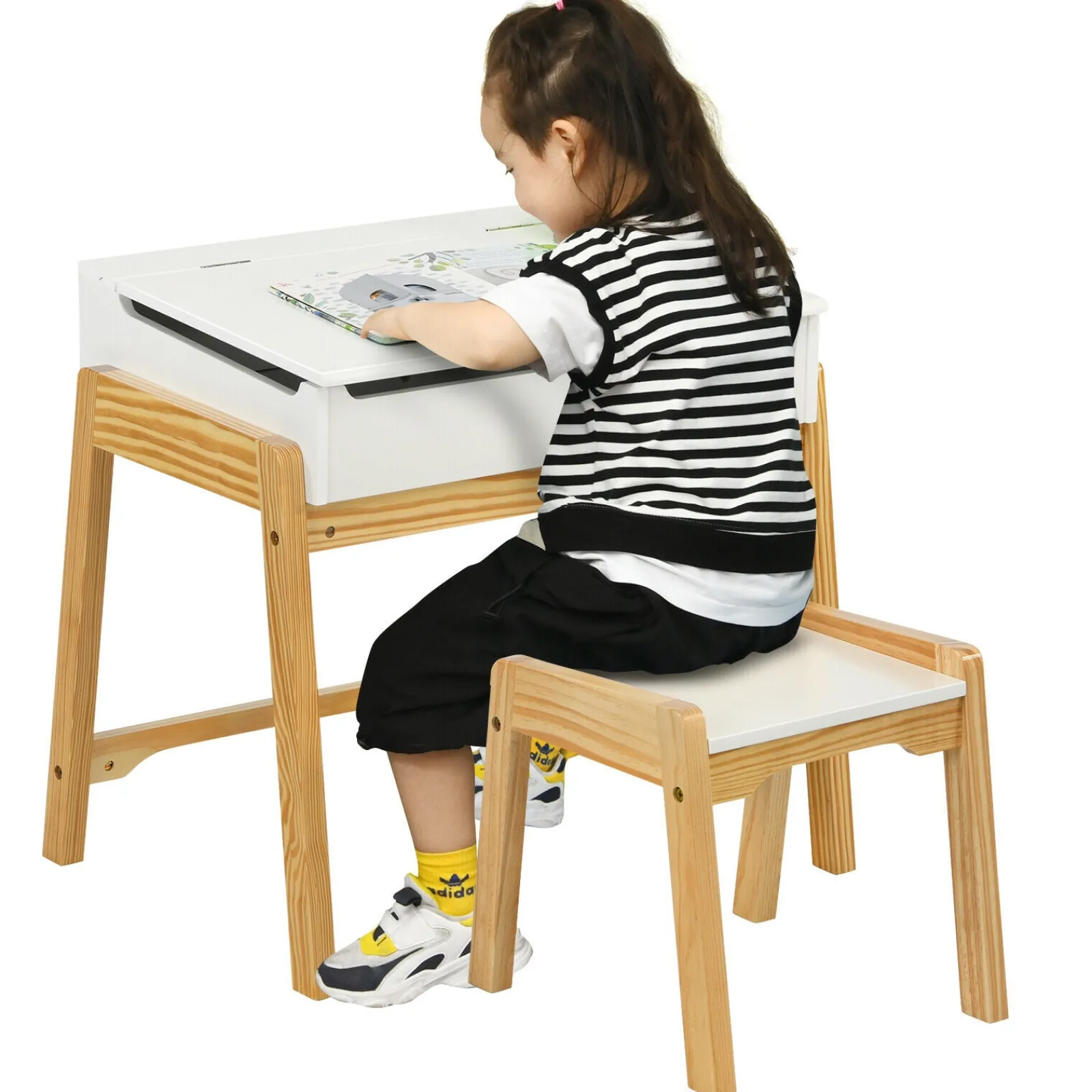 Little Helper Table & Chairs (wooden) | Childrens Desk and Chair Set | Homework Desk | White & Natural Finish | 3 years+