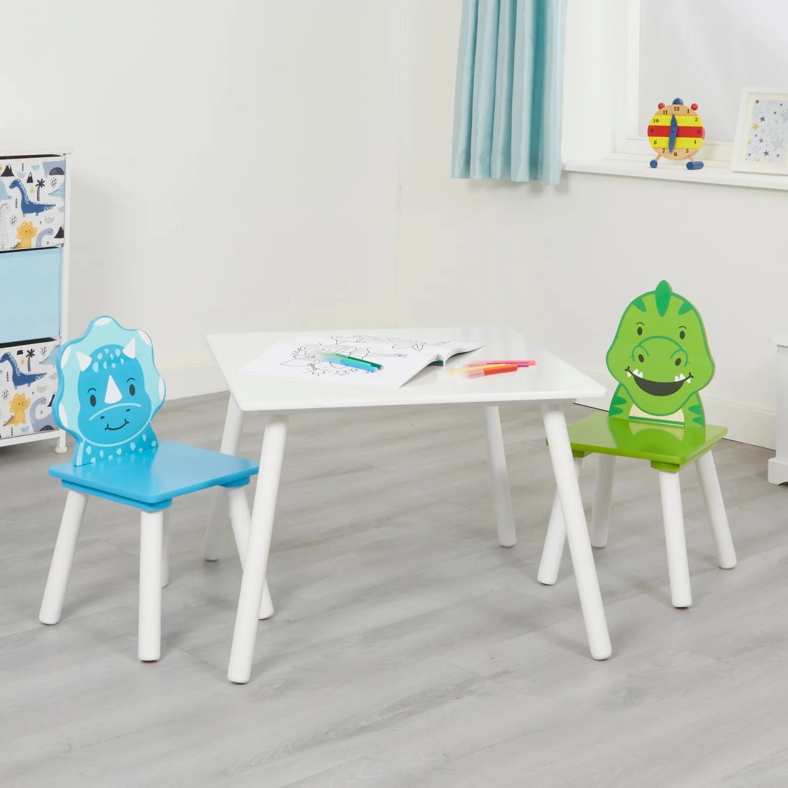 Little Helper Table & Chairs (wooden) | Children's Dinosaur Wood Table and 2 Chairs Set | White, Blue & Green | 2 Years +