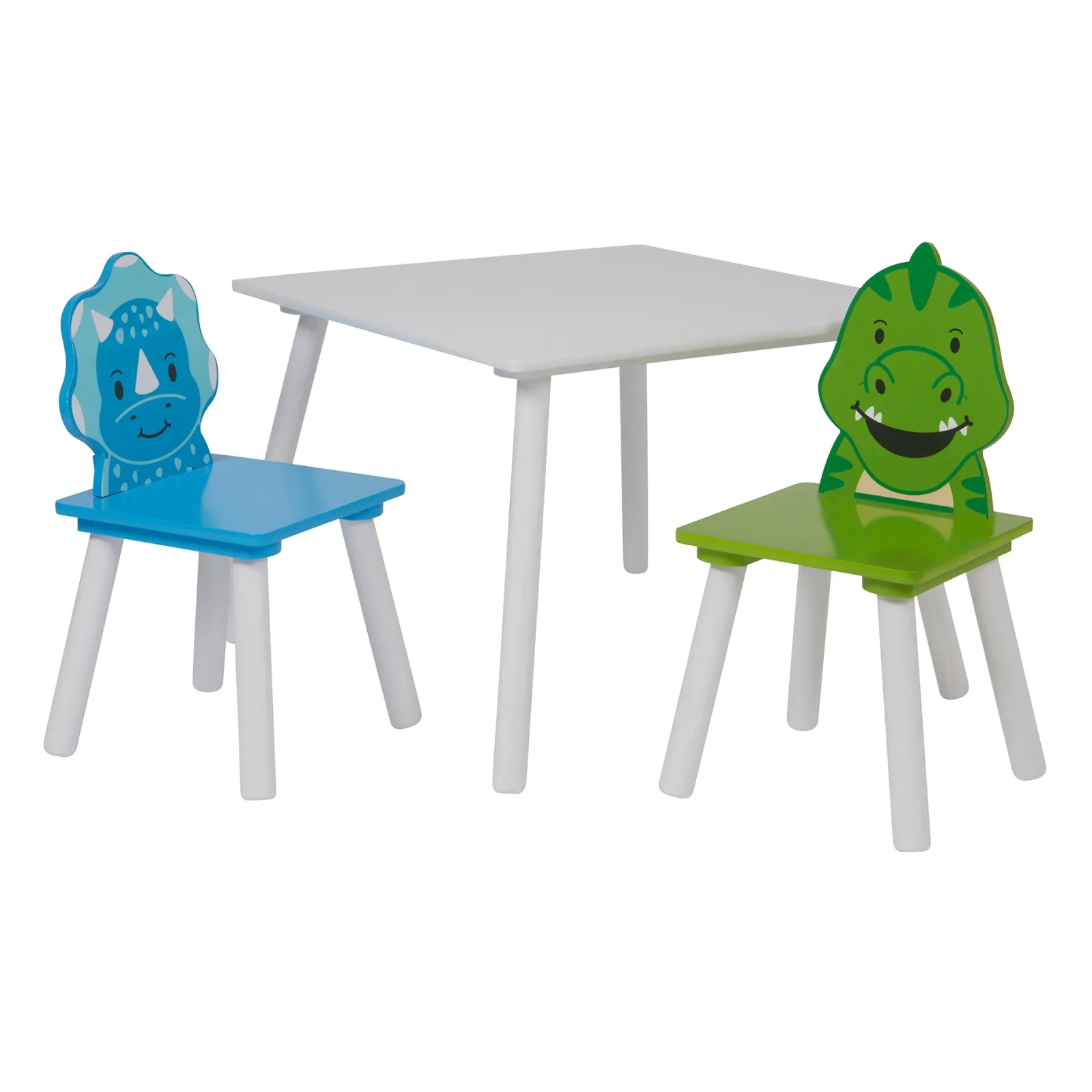 Little Helper Table & Chairs (wooden) | Children's Dinosaur Wood Table and 2 Chairs Set | White, Blue & Green | 2 Years +