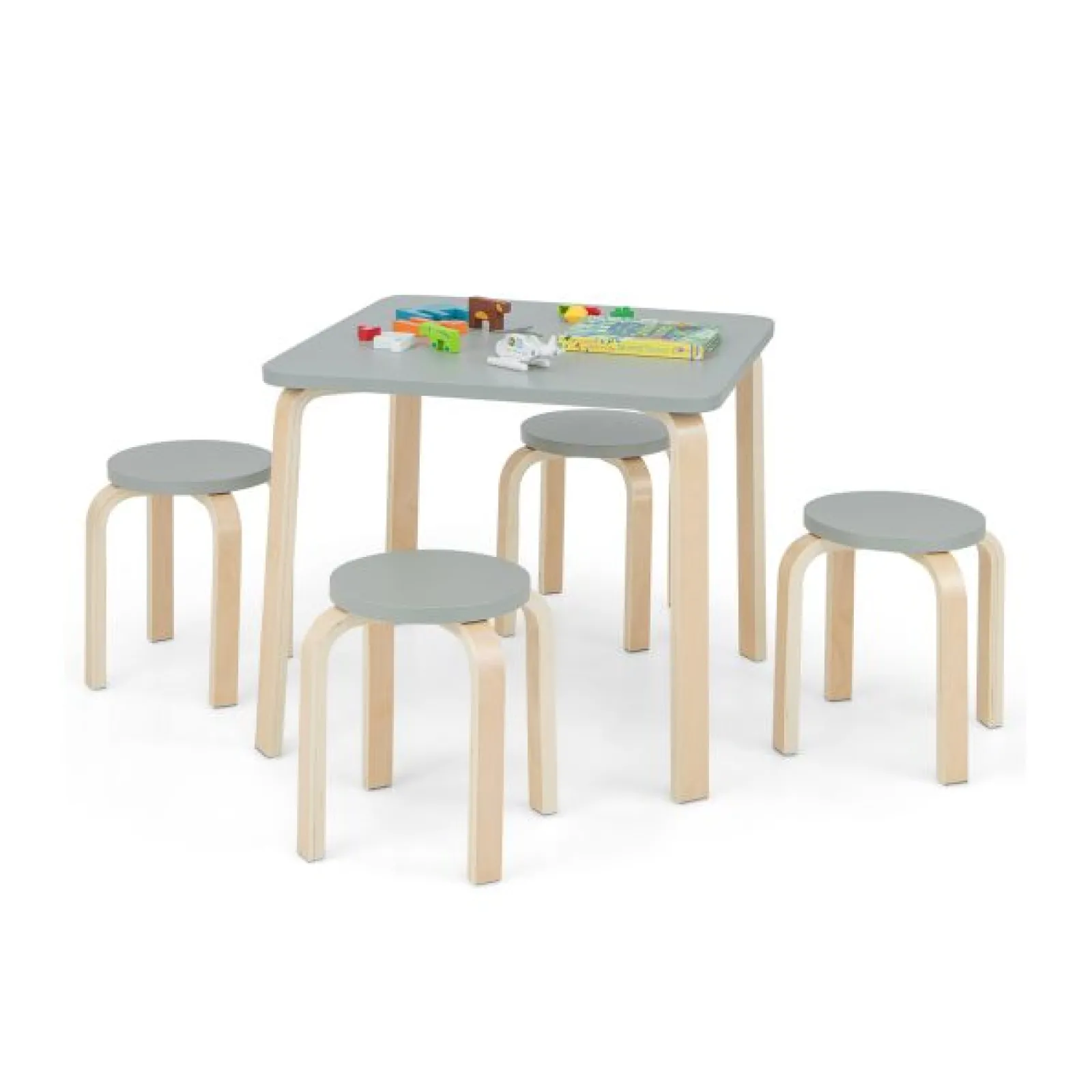 Little Helper Table & Chairs (wooden) | Children's Eco Birch and Poplar Wooden Table & 4 Stackable Stools Set | Space Saving | Grey | 36m+