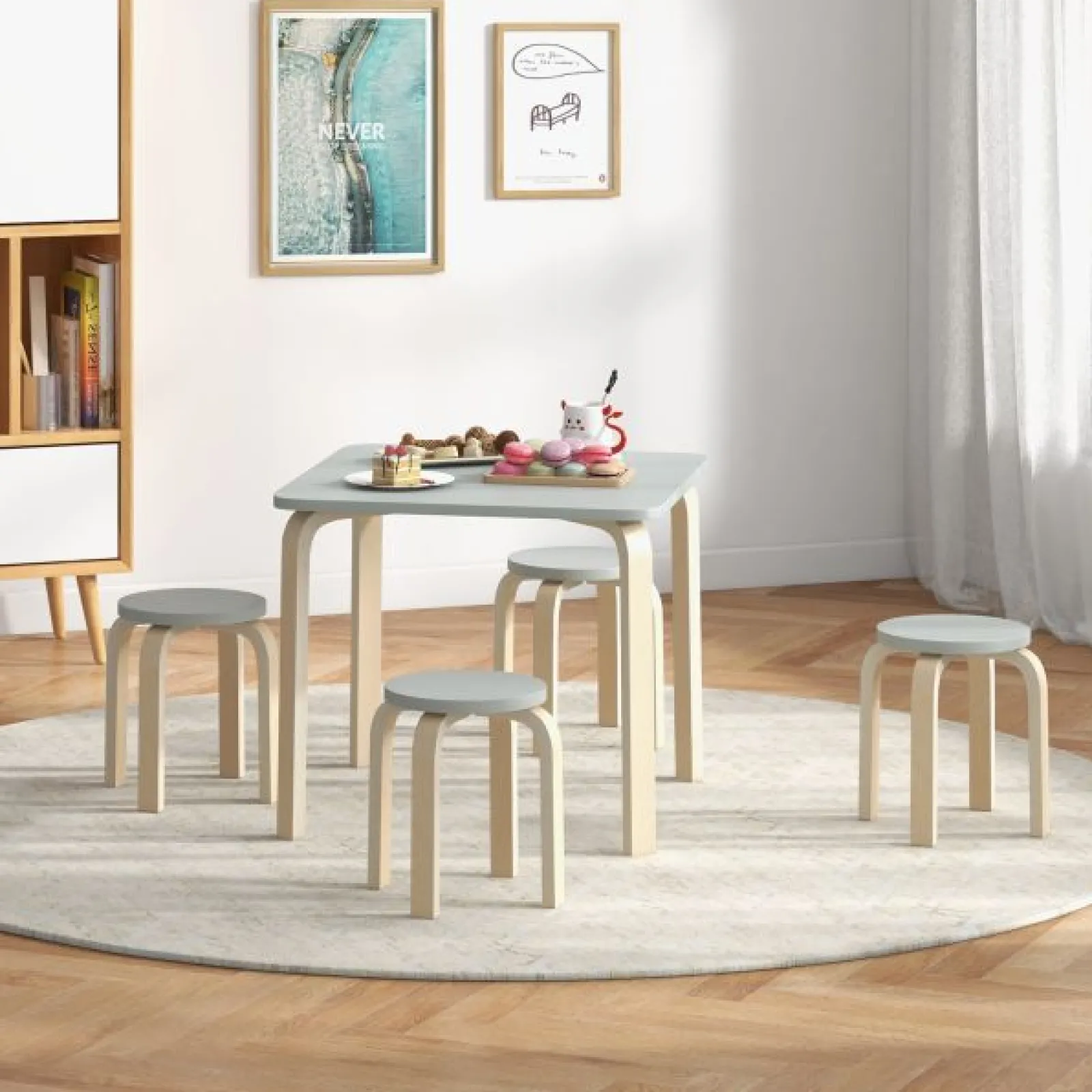Little Helper Table & Chairs (wooden) | Children's Eco Birch and Poplar Wooden Table & 4 Stackable Stools Set | Space Saving | Grey | 36m+