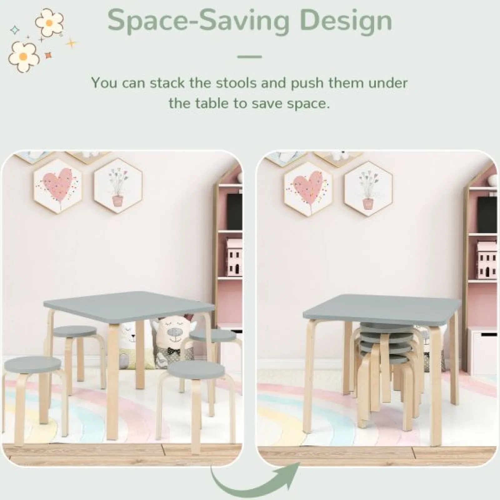 Little Helper Table & Chairs (wooden) | Children's Eco Birch and Poplar Wooden Table & 4 Stackable Stools Set | Space Saving | Grey | 36m+