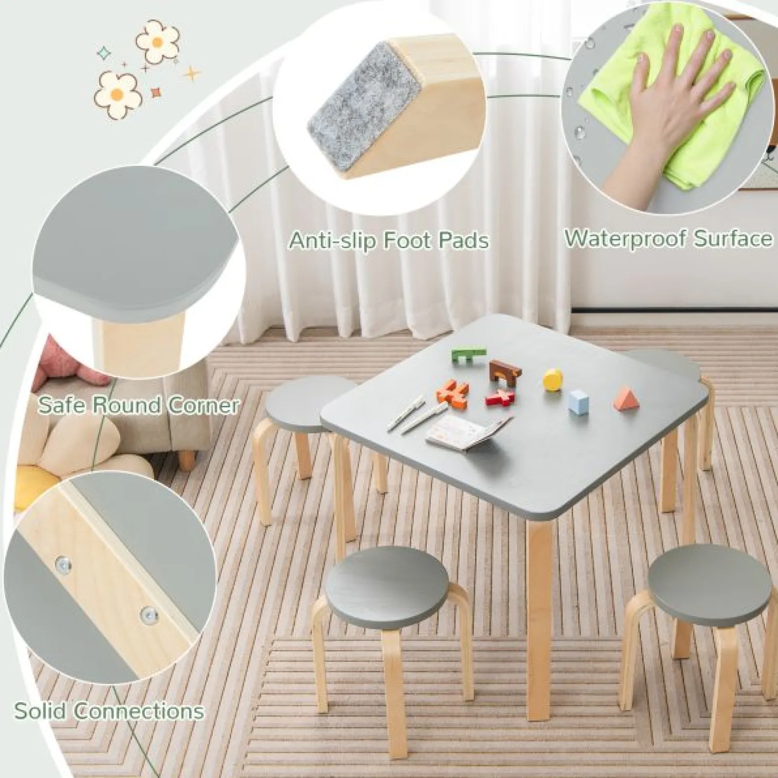 Little Helper Table & Chairs (wooden) | Children's Eco Birch and Poplar Wooden Table & 4 Stackable Stools Set | Space Saving | Grey | 36m+