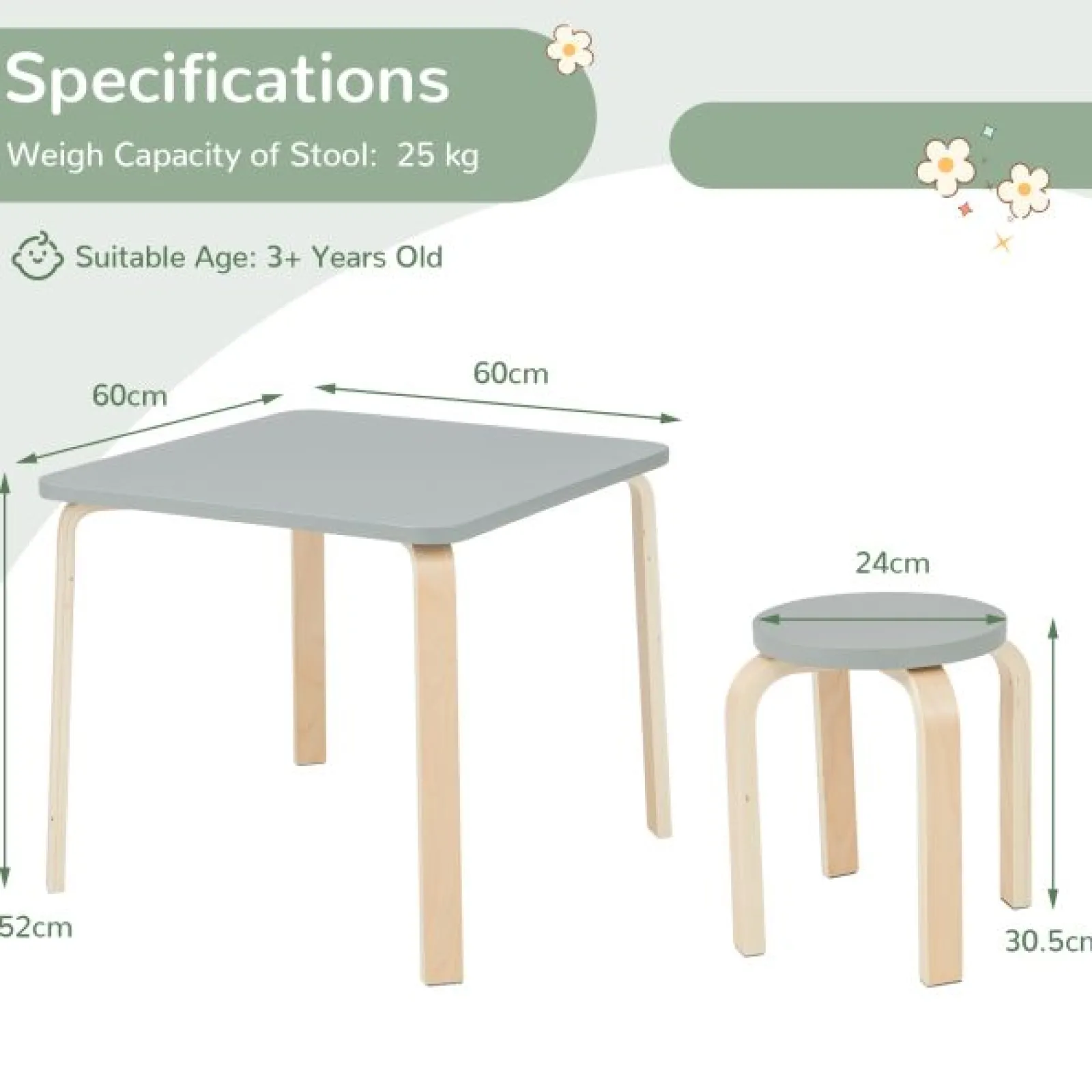Little Helper Table & Chairs (wooden) | Children's Eco Birch and Poplar Wooden Table & 4 Stackable Stools Set | Space Saving | Grey | 36m+