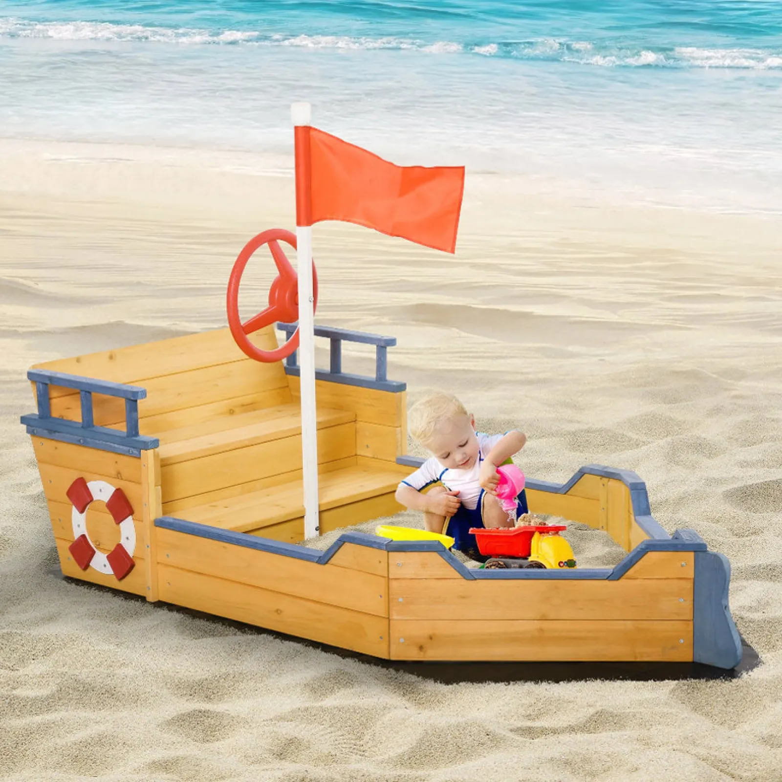 Little Helper Sand & Water Table & Sandpits & Mud Kitchens | Childrens Eco Conscious Robust Cedar Wood Pirate Ship Sandpit and Sandbox | 3-6 years
