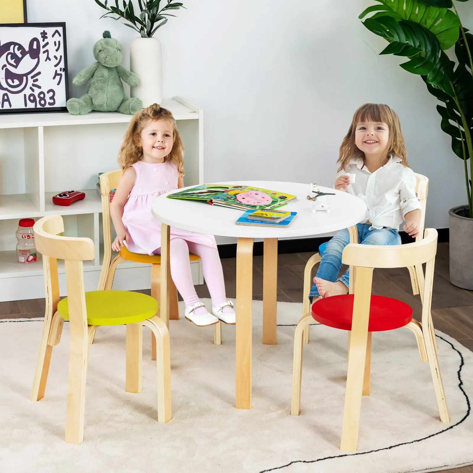 Little Helper Table & Chairs (wooden) | Childrens Eco Poplar & Birch Wood Round Table and 4 Ergonomic Chairs | 4 colour options