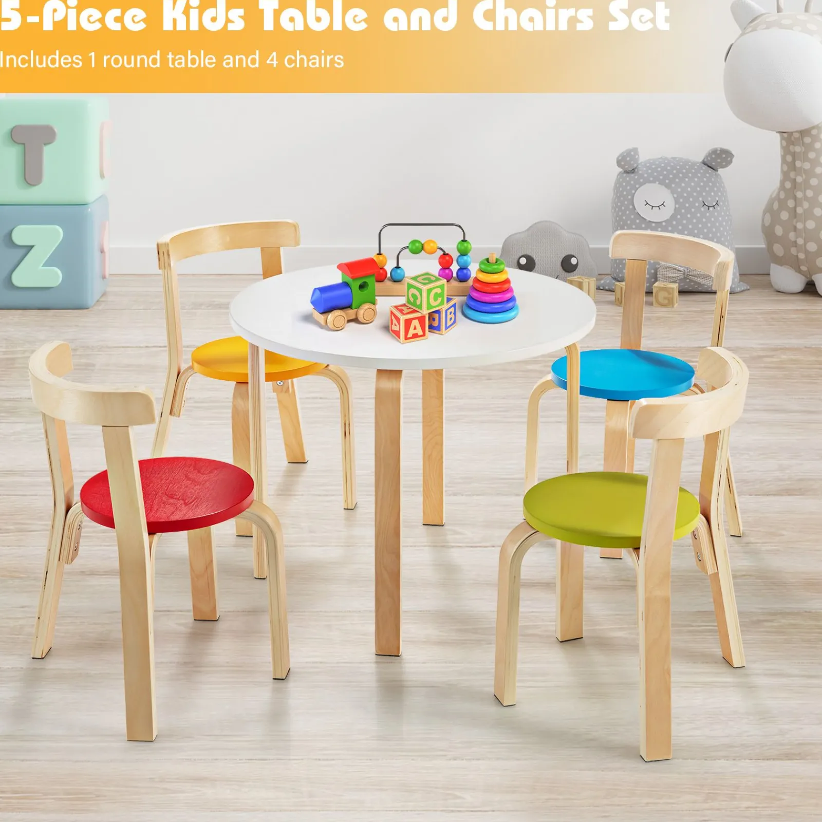 Little Helper Table & Chairs (wooden) | Childrens Eco Poplar & Birch Wood Round Table and 4 Ergonomic Chairs | 4 colour options