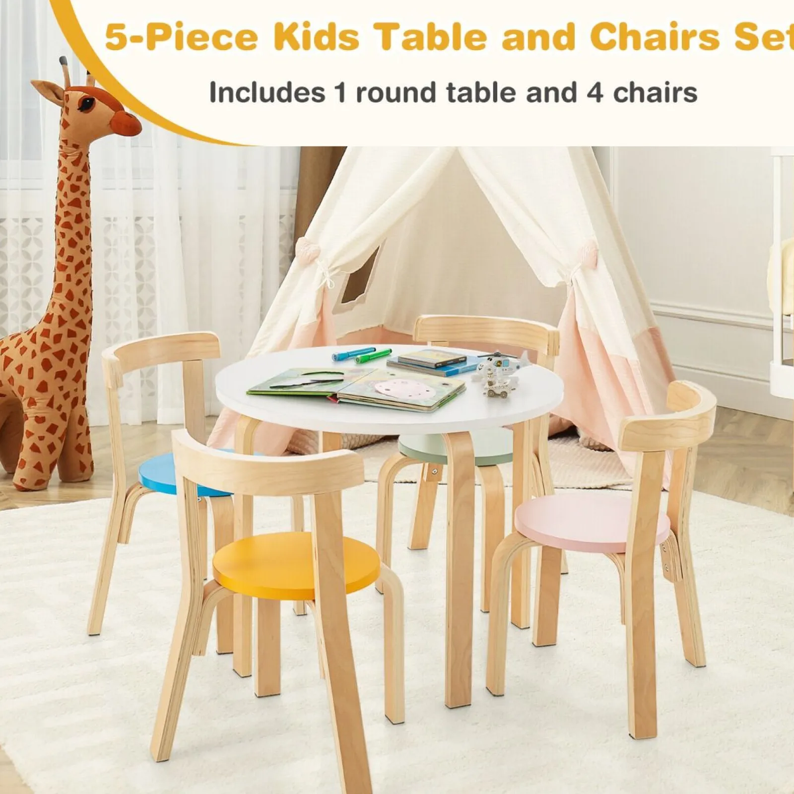 Little Helper Table & Chairs (wooden) | Childrens Eco Poplar & Birch Wood Round Table and 4 Ergonomic Chairs | 4 colour options