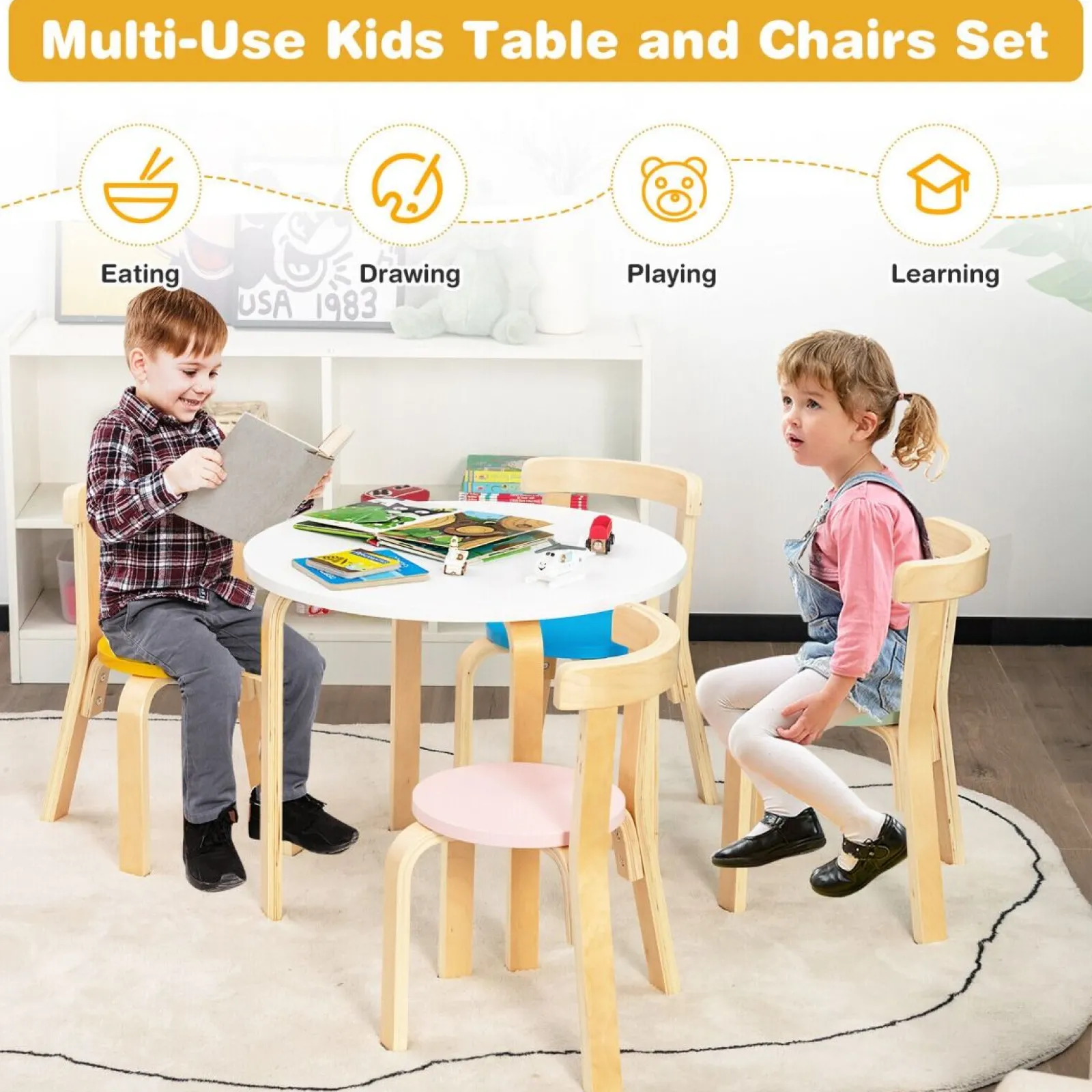 Little Helper Table & Chairs (wooden) | Childrens Eco Poplar & Birch Wood Round Table and 4 Ergonomic Chairs | 4 colour options