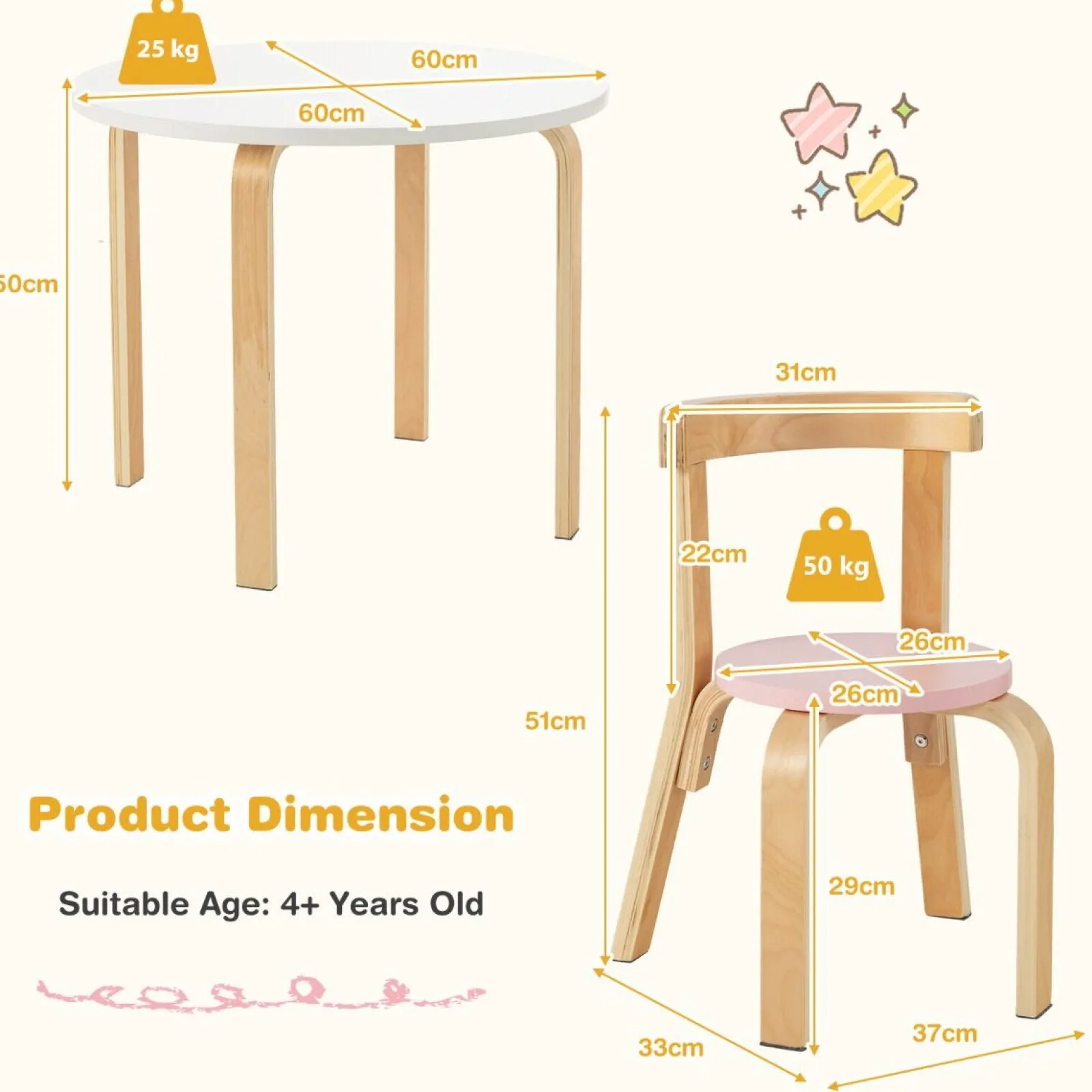 Little Helper Table & Chairs (wooden) | Childrens Eco Poplar & Birch Wood Round Table and 4 Ergonomic Chairs | 4 colour options