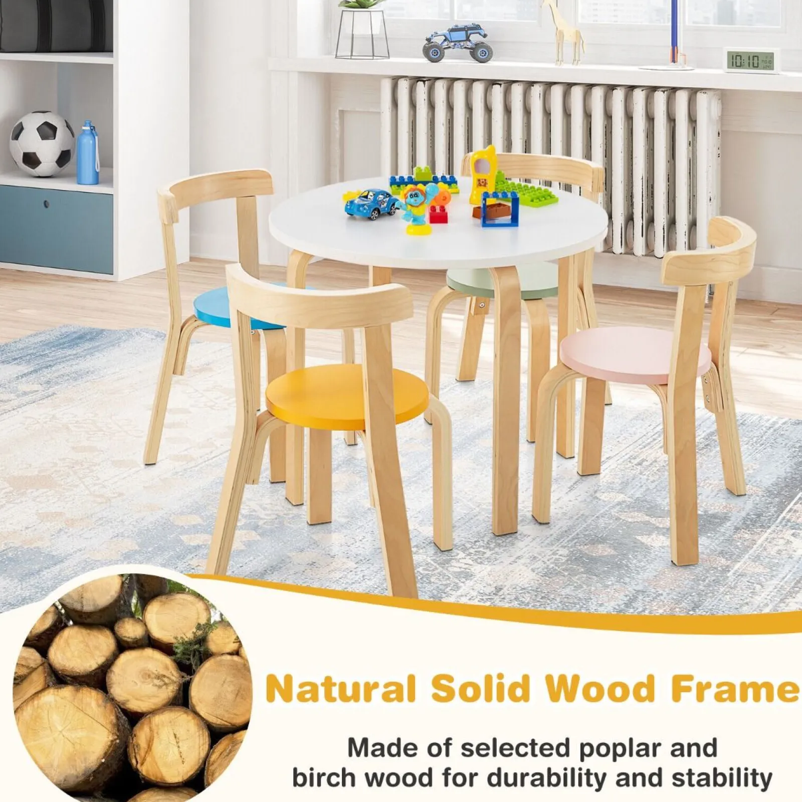 Little Helper Table & Chairs (wooden) | Childrens Eco Poplar & Birch Wood Round Table and 4 Ergonomic Chairs | 4 colour options