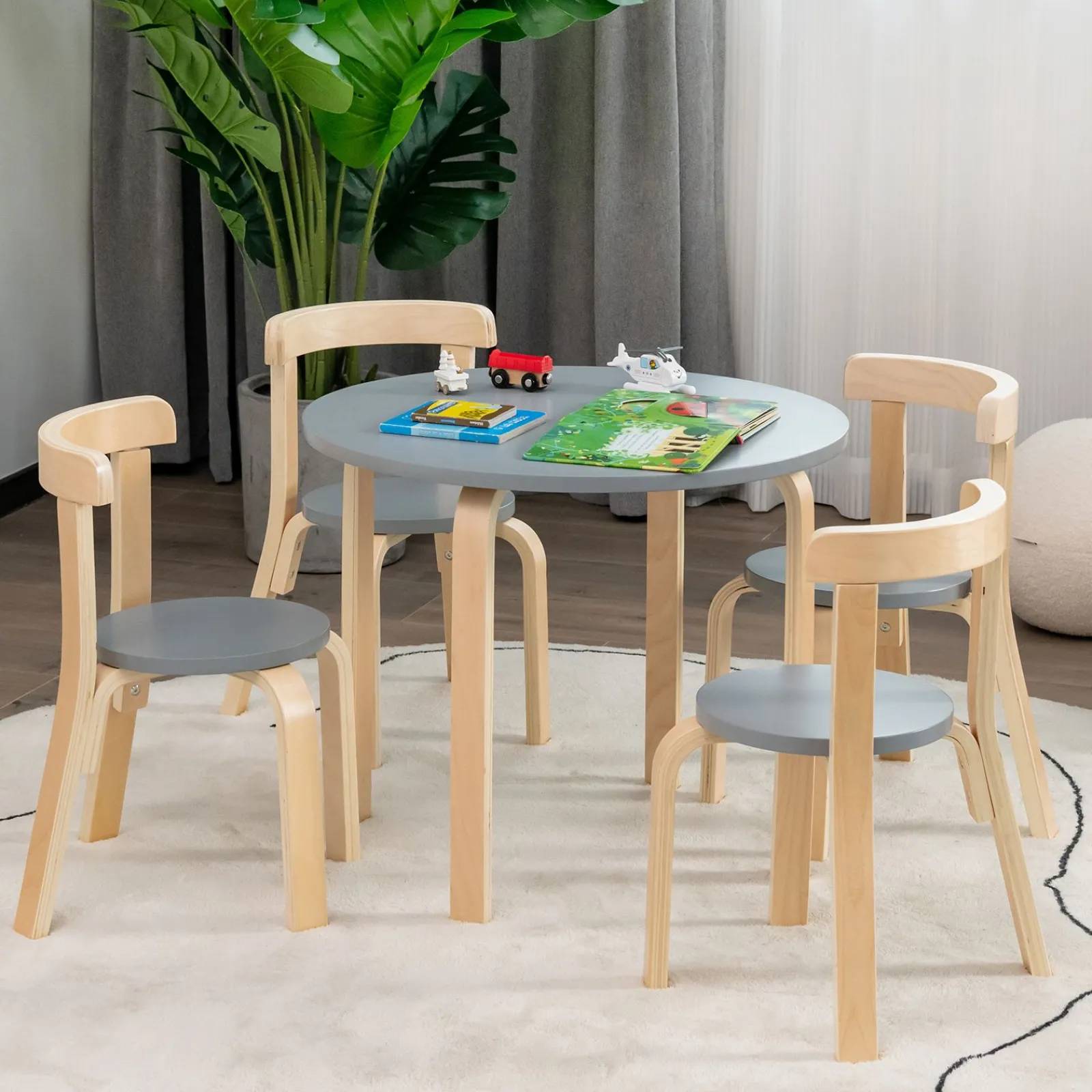 Little Helper Table & Chairs (wooden) | Childrens Eco Poplar & Birch Wood Round Table and 4 Ergonomic Chairs | 4 colour options