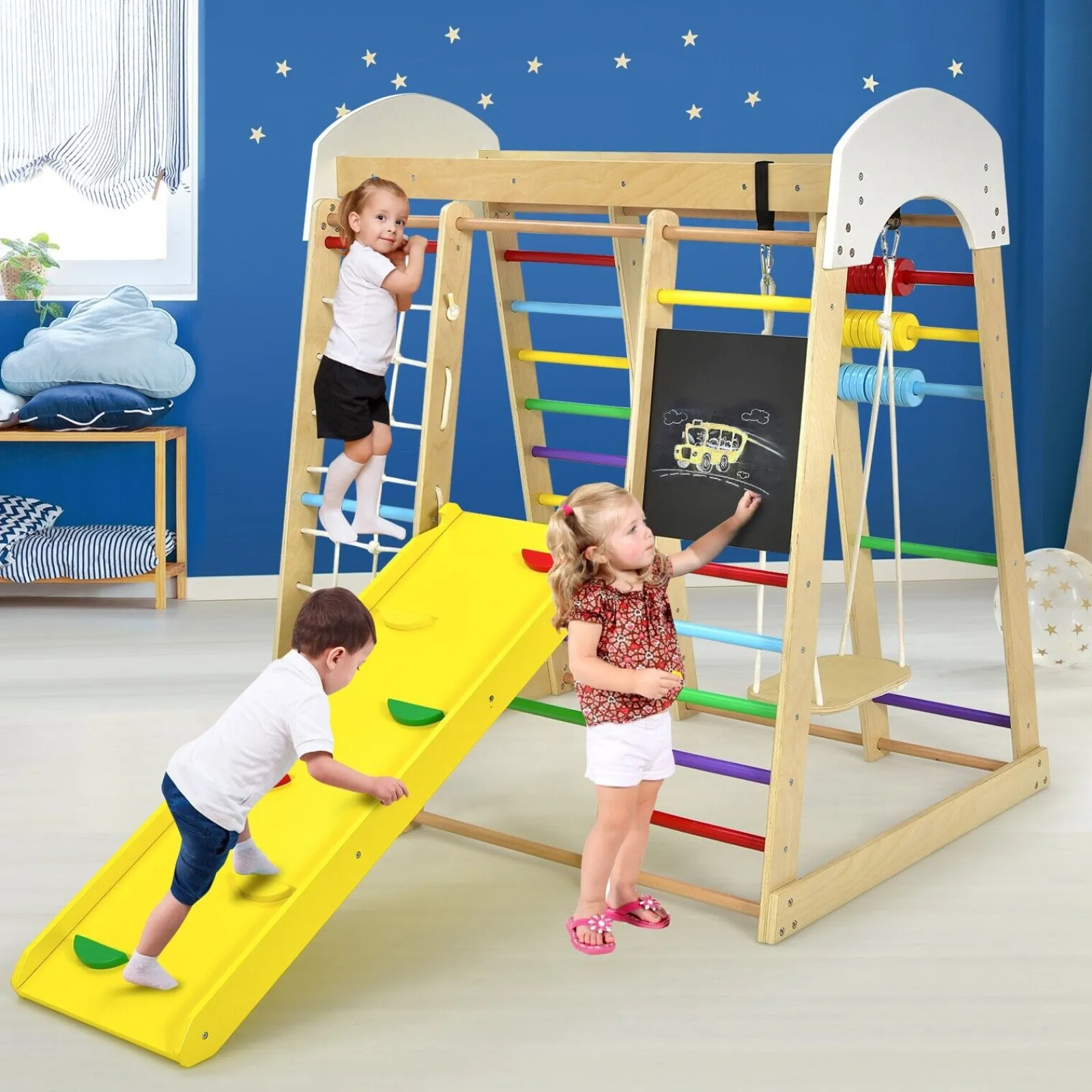 Little Helper Swing & Slide Sets & Garden Play & Trampolines | Kids Climbing Frames & Activity Toys | Children's 8-in-1 Eco Wood Montessori Climbing Gym with Swing | Slide | Climbing Wall | Monkey Bars & More | 3 Years+