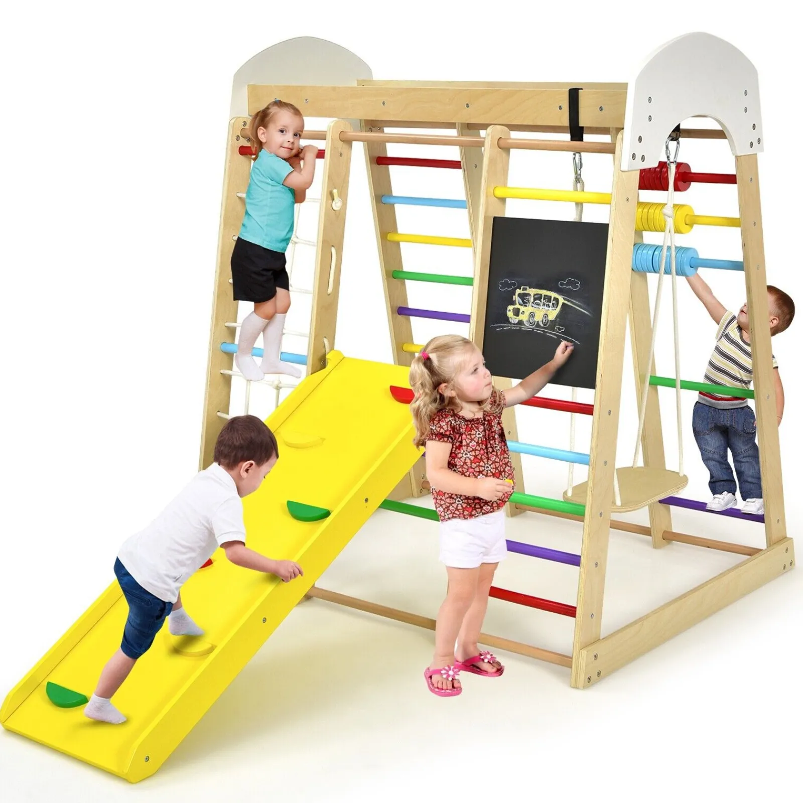 Little Helper Swing & Slide Sets & Garden Play & Trampolines | Kids Climbing Frames & Activity Toys | Children's 8-in-1 Eco Wood Montessori Climbing Gym with Swing | Slide | Climbing Wall | Monkey Bars & More | 3 Years+