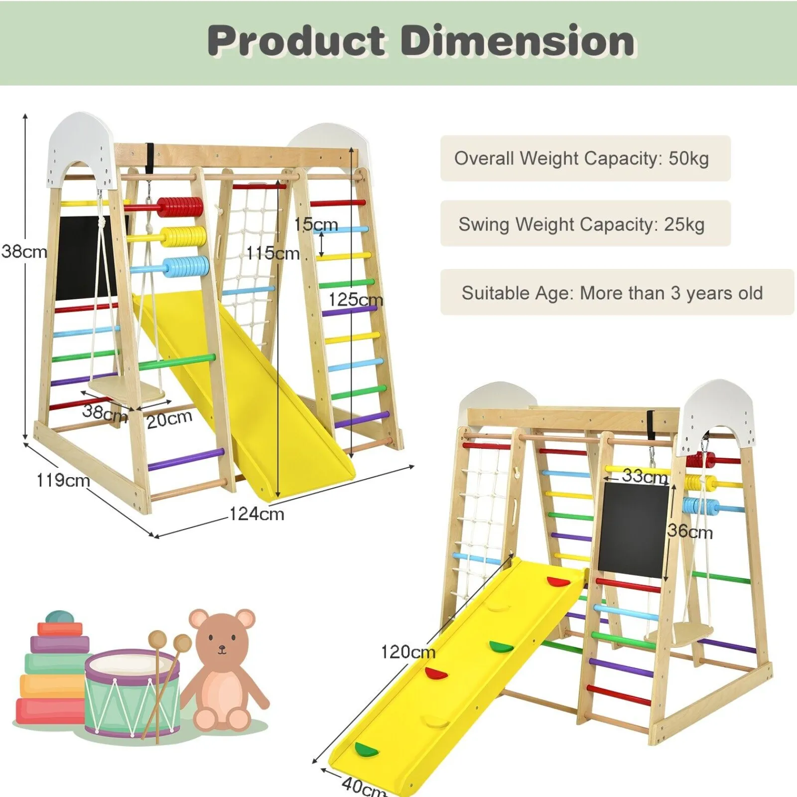 Little Helper Swing & Slide Sets & Garden Play & Trampolines | Kids Climbing Frames & Activity Toys | Children's 8-in-1 Eco Wood Montessori Climbing Gym with Swing | Slide | Climbing Wall | Monkey Bars & More | 3 Years+