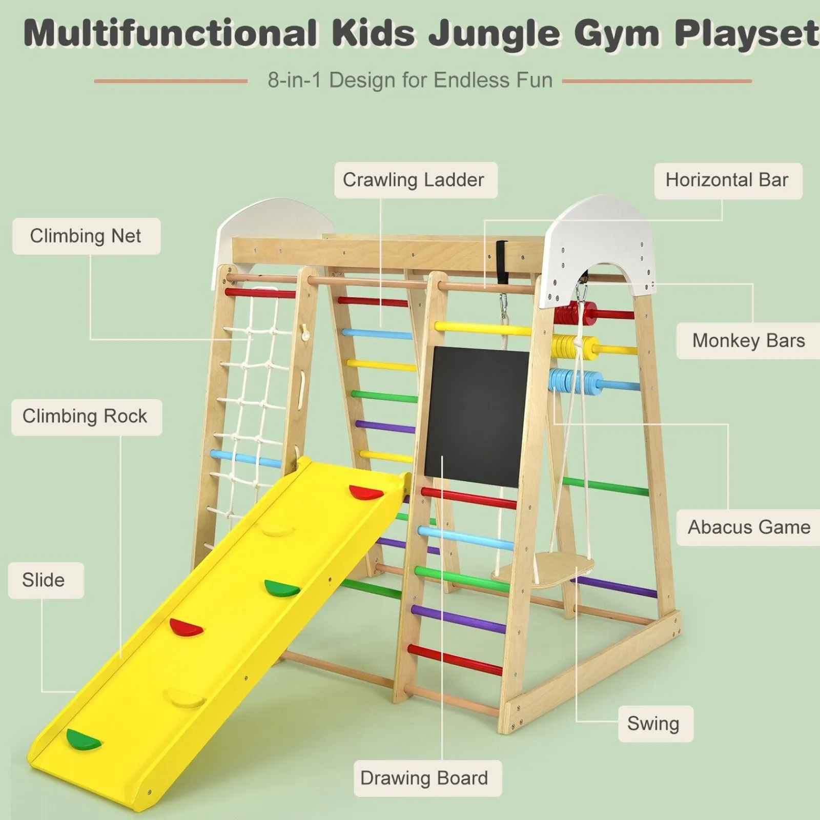 Little Helper Swing & Slide Sets & Garden Play & Trampolines | Kids Climbing Frames & Activity Toys | Children's 8-in-1 Eco Wood Montessori Climbing Gym with Swing | Slide | Climbing Wall | Monkey Bars & More | 3 Years+
