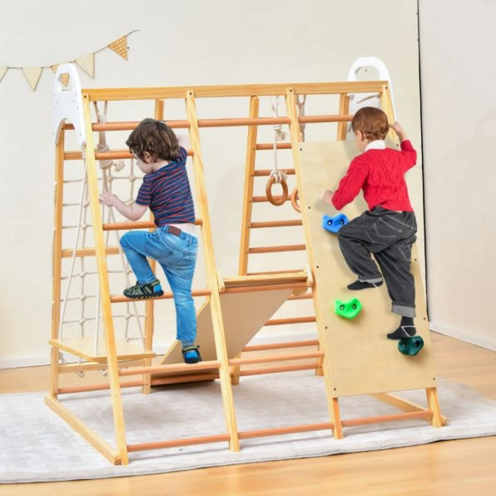 Little Helper Swing & Slide Sets & Garden Play & Trampolines | Kids Climbing Frames & Activity Toys | Children's 8-in-1 Eco Wood Montessori Climbing Gym with Swing | Slide | Climbing Wall | Monkey Bars | Natural | 3 Years+