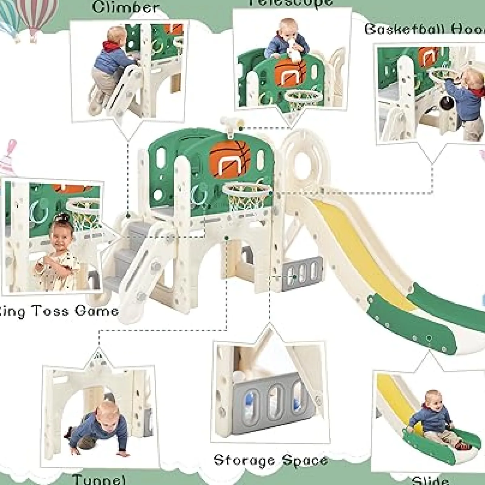 Little Helper Swing & Slide Sets & Garden Play & Trampolines | Montessori Toys & Products | Children’s 7-in-1 Montessori Slide Set | Basketball Hoop | Castle Look out with Telescope | Climber | Ring Toss
