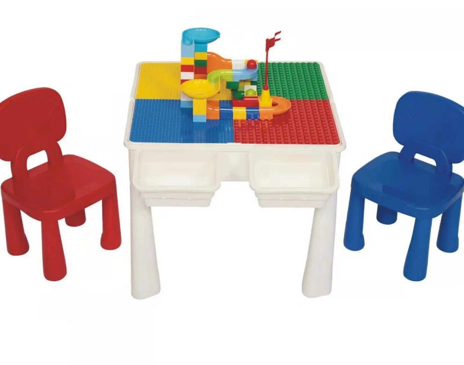 Little Helper Table & Chairs (plastic) | Childrens 4-in-1 Multipurpose Plastic Lego | Duplo Table | Reversible Desk | Sand & Water Table | 2 Chairs & 100 Blocks