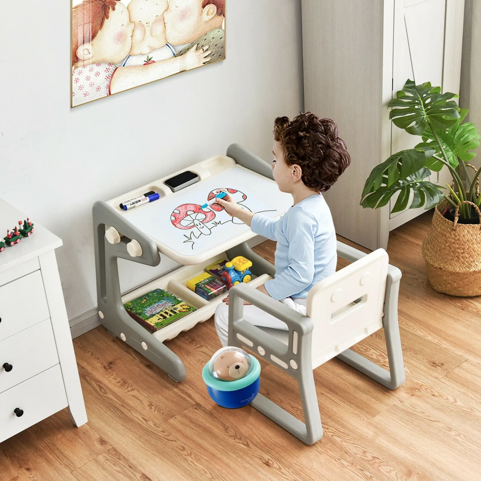 Little Helper Kids Arts & Crafts & Accessories | Easels & Accessories | Children's 4-in-1 Table & Chair | Height Adjustable Easel Whiteboard | Dry Wipe & Magnetic | Storage | 3 Years+