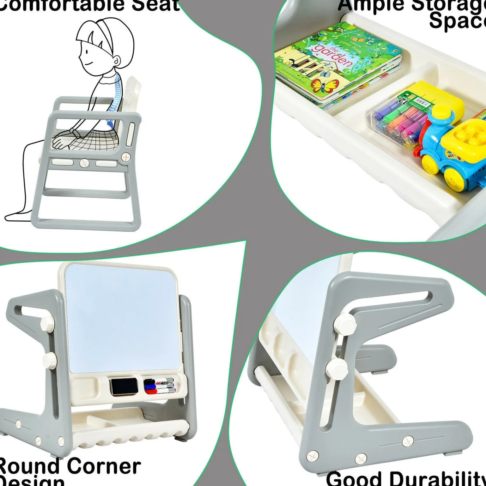 Little Helper Kids Arts & Crafts & Accessories | Easels & Accessories | Children's 4-in-1 Table & Chair | Height Adjustable Easel Whiteboard | Dry Wipe & Magnetic | Storage | 3 Years+